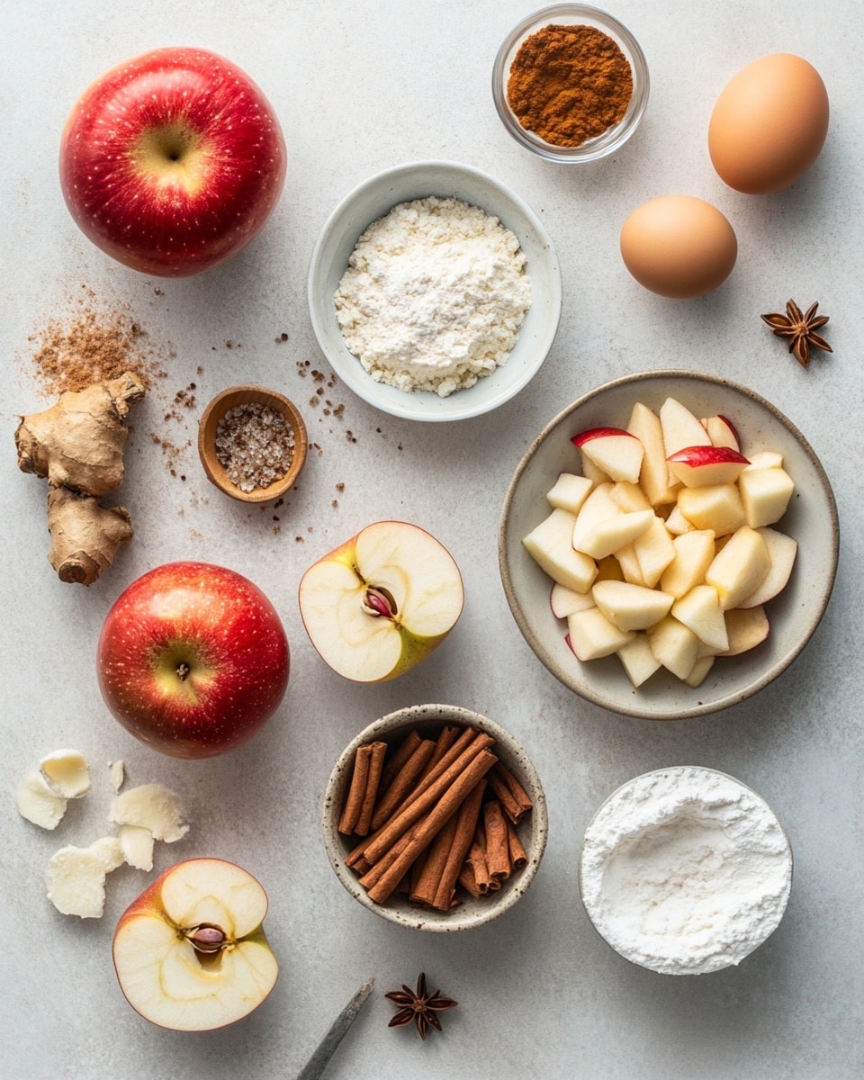 A small round pastry with a flaky, light golden crust forms the bottom layer on a white plate, layered on another white plate beneath. On top, there is a thick layer of cooked, soft, brown cinnamon-coated apple pieces. White icing is drizzled in wavy lines over the apple layer, adding a glossy texture and contrast. The plate sits on a slightly blurred white marbled surface, with some background objects including a red apple, a white cup filled with black coffee, and a dark blue pitcher, all softly focused behind the pastry. Photo taken with an iphone --ar 4:5 --v 7