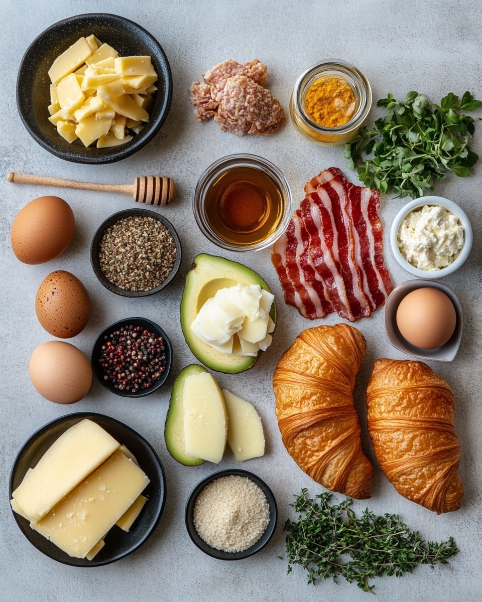 A flaky golden-brown croissant sliced in half forms the base and top layer of this sandwich. Inside, the bottom layer holds fresh green avocado slices. Above the avocado, there is a layer of scrambled yellow eggs with some black pepper. On top of the eggs, a slice of melted white cheese is placed. Next, there are two crispy, dark reddish-brown bacon strips lying flat. Bright pink pickled onion rings with chopped green herbs rest on the bacon. The sandwich sits on a white plate with a subtle gray rim, placed on a white marbled surface with green leaves and small white flowers around. Photo taken with an iphone --ar 4:5 --v 7