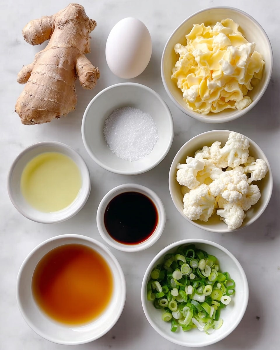 The image shows seven white bowls and one egg arranged on a white marbled surface. The largest bowl at the bottom left is filled with a clear amber liquid. To its right, a small bowl holds sliced green onions with bright green and white rings. Above it, another white bowl contains small white cauliflower florets with a soft texture. Next to it, towards the top right, is a bowl filled with small yellow corn kernels. Between these bowls, there are two smaller bowls: one with a light yellow liquid and the other with a dark brown liquid. In the top left corner, there is a whole egg and next to it a piece of fresh ginger root with a pale brown, bumpy texture. A small bowl with coarse white salt sits near the center. The arrangement is neat and clean with a focus on the different textures and colors of the ingredients photo taken with an iphone --ar 4:5 --v 7