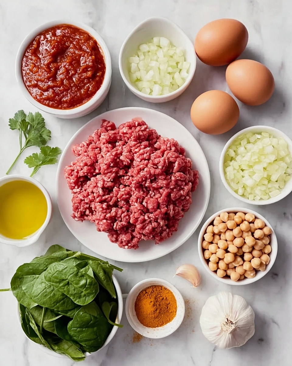 The image shows an arrangement of ingredients neatly placed on a white marbled surface. In the center, there is a white bowl filled with raw ground meat that has a coarse texture and pinkish-red color. Surrounding it are several smaller white bowls: at the top left, a bowl holds thick, deep red tomato sauce with a textured surface; below that, a small bowl contains bright yellow curry powder; next to it is a bowl with a layer of fresh, smooth olive oil with a golden-yellow hue. To the top right, four brown eggs are placed closely together, and below them is a white bowl filled with chopped white onions. Next to the onions, there is a white bowl filled with pale beige chickpeas. At the bottom left, fresh dark green spinach leaves fill a small white bowl, and near it, two cloves of garlic and a partially peeled garlic bulb lay on the surface. A sprig of fresh parsley with bright green leaves lies between the spinach and chickpeas, completing the colorful and fresh composition. Photo taken with an iphone --ar 4:5 --v 7