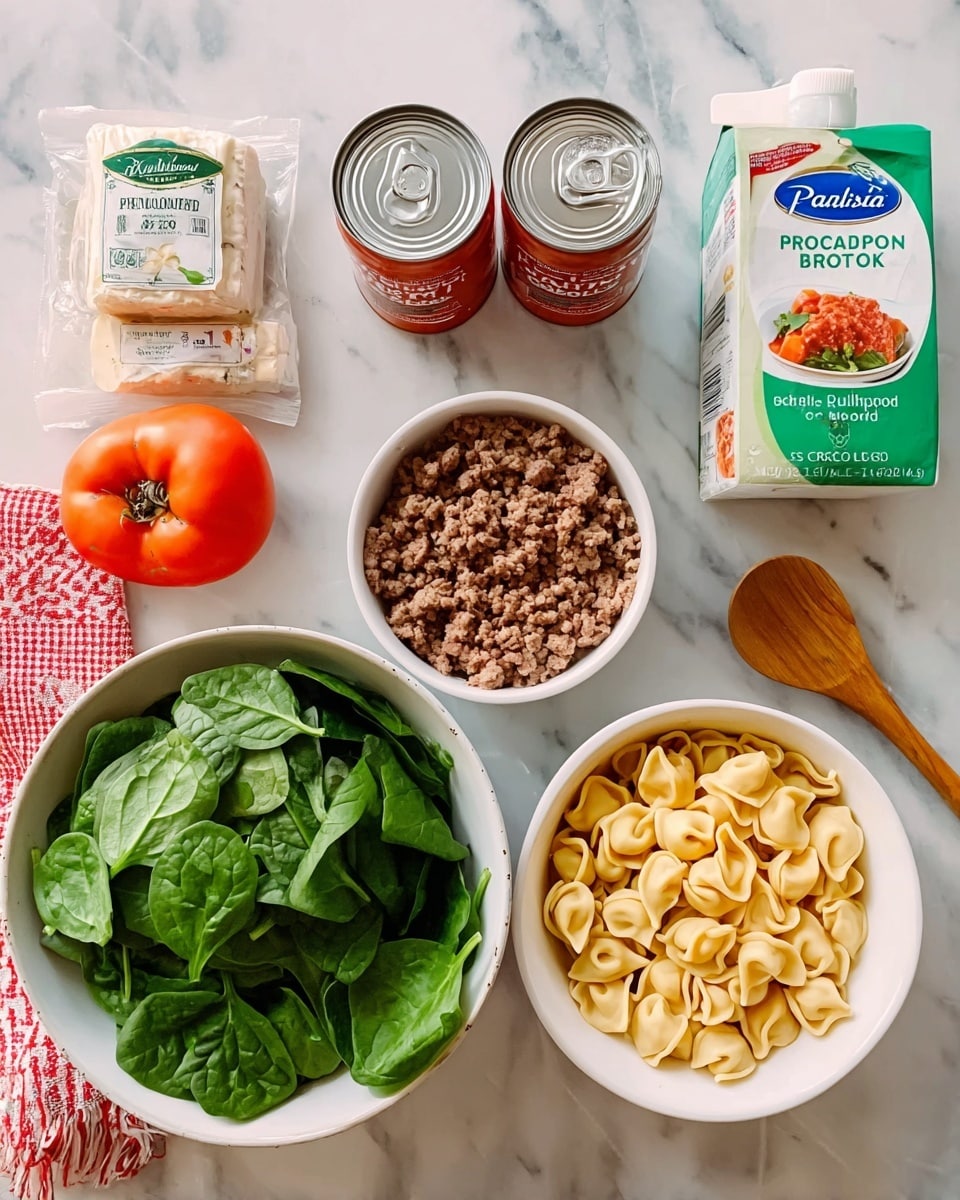 The image shows several ingredients arranged on a white marbled surface. There are two white bowls filled with fresh green spinach leaves and cooked ground meat, respectively. A white bowl holds uncooked tortellini pasta with a light beige color and a slightly folded shape. Two cans of diced Italian style tomatoes with red and green labels sit side by side. A carton of organic vegetable broth with green and yellow colors is placed horizontally near the bottom left. To the top right, there is a silver rectangular block of cream cheese and a wooden spoon next to a white and red striped cloth. Photo taken with an iphone --ar 4:5 --v 7