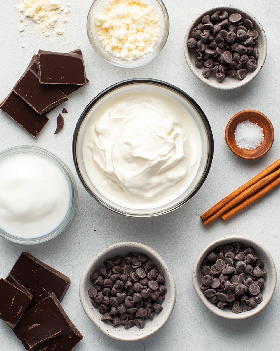 Two white mugs filled with thick hot chocolate sit on a white marbled surface. Each mug has a rich brown base layer of hot chocolate, topped with a layer of small white marshmallows scattered unevenly on one side and a swirl of whipped cream on the other side, dusted with cocoa powder. A few dark chocolate chips are peeking through the marshmallows in the mug closest to the camera. The mugs have speckled patterns on their handles and rims. There are some chocolate chips and cocoa powder scattered casually around the mugs, and a soft grey knit cloth folded in the corner of the image. Photo taken with an iphone --ar 4:5 --v 7