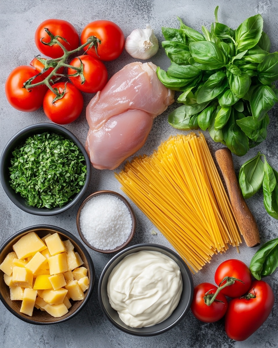 A close-up of a creamy pasta dish showing long yellow spaghetti noodles mixed in a thick light orange sauce with chunks of white shredded chicken, red tomato pieces, and small bits of green pepper, all topped with scattered fresh green parsley leaves. The textures include smooth sauce coating the noodles and tender pieces of chicken and vegetables, sitting inside a white bowl on a white marbled surface. photo taken with an iphone --ar 4:5 --v 7