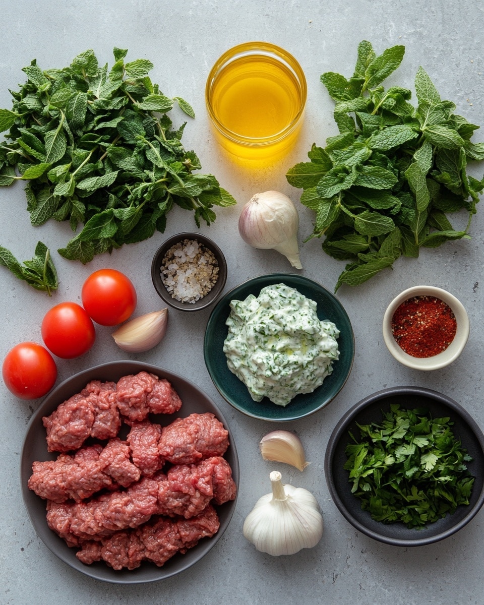 A white oval plate is filled with about eight grilled skewers of dark brown meat with visible char marks. They rest on a creamy white yogurt sauce mixed with green herbs that spread across the plate bottom. Halved bright red cherry tomatoes and sliced green olives with their holes are scattered over the meat, adding pops of color. Fresh green parsley and dill sprigs are also placed on top, enhancing the fresh look. Around the edges of the plate, there are several triangular pieces of light brown pita bread with a slightly toasted surface. The whole scene is set on a white marbled surface. Photo taken with an iphone --ar 4:5 --v 7