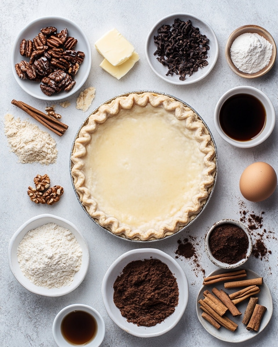 A slice of pie sits on a white plate, showing three layers: a light golden crust at the bottom, a dark brown sticky filling in the middle, and a crumbly, light tan topping sprinkled thickly on top. A fork resting on the plate holds a bite-sized piece with all three layers visible. In the background, the rest of the pie in a glass pie dish has one slice removed, showing the same layers and crumbly topping. The setting features a white marbled surface under the plate and pie dish. Photo taken with an iphone --ar 4:5 --v 7