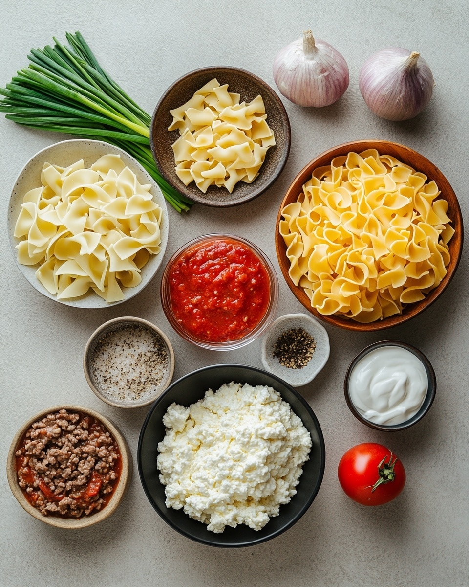 A clear glass dish filled with a three-layer baked casserole is shown. The bottom layer is made of cooked pasta with a pale yellow color, covered by a thick middle layer of rich, dark red meat sauce with some visible chunks. The top layer is a generous amount of melted cheese in white and yellow shades, spread unevenly over the meat sauce. A metal spoon is scooping a portion from the casserole, held by a woman's hand. The dish sits on a white marbled surface, surrounded by a gray and white striped cloth, small wooden bowls with green onion pieces and salt, fresh green onion stalks on the right side, and a stack of black plates with silver forks in the background. Photo taken with an iphone --ar 4:5 --v 7