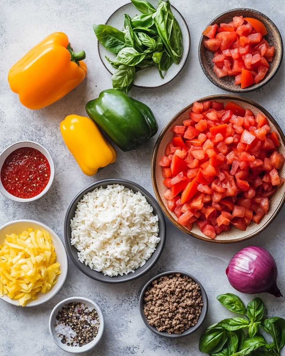 A close-up view shows a green bell pepper stuffed with multiple layers: at the bottom is the hollow green pepper shell, filled with a layer of cooked ground meat mixed with small pieces of red and yellow vegetables and white rice, topped with a layer of melted white cheese. This stuffed pepper is being held by a wooden spatula over a white baking dish that holds more stuffed peppers in red, yellow, and green colors, each filled similarly with meat, rice, vegetables, and cheese on top. The background is a white marbled texture. Photo taken with an iphone --ar 4:5 --v 7