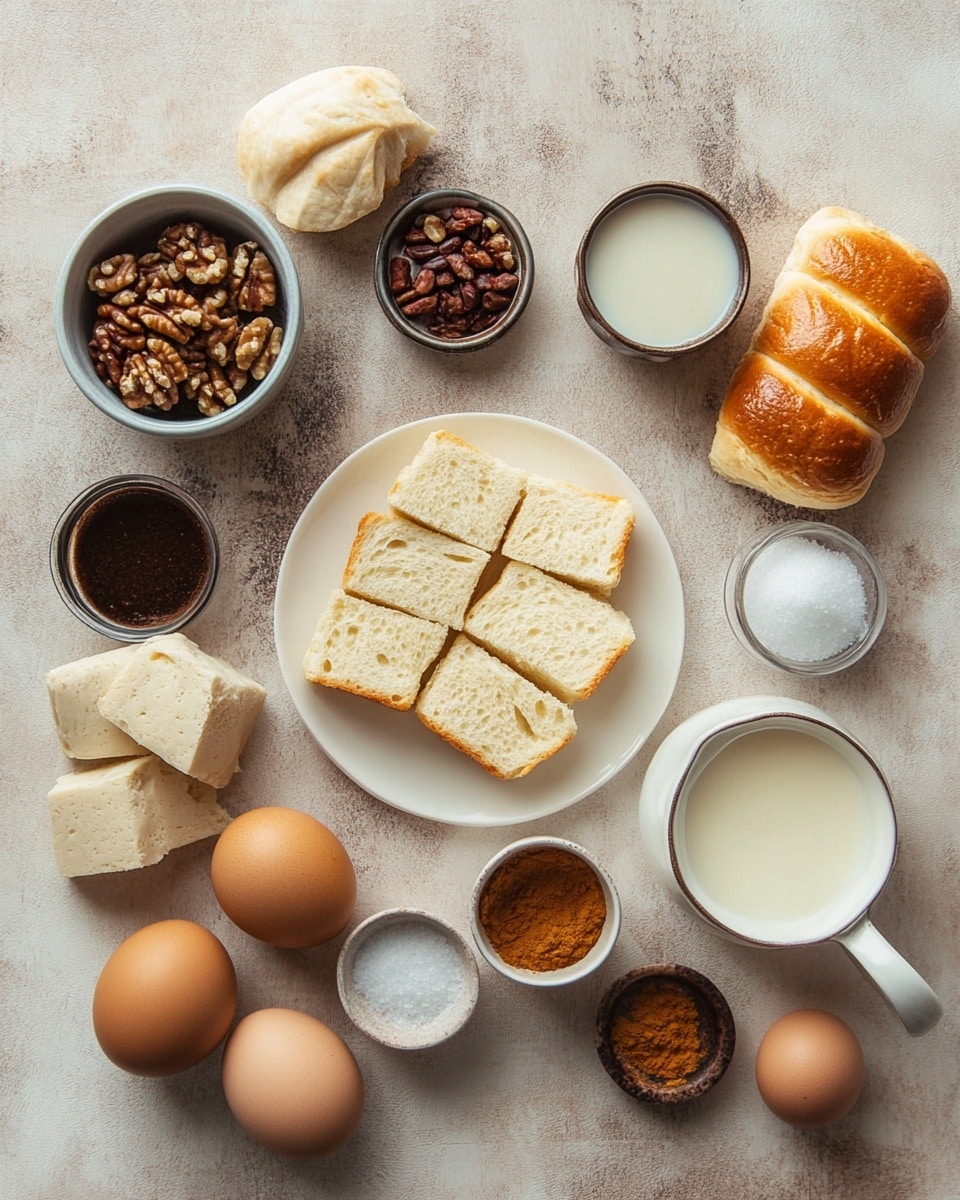 This image shows a silver muffin tray with five baked bread pudding pieces in it, each piece golden brown and topped with small clusters of chopped pecans and a light dusting of powdered sugar. The bread pieces are chunky and soft-looking, soaked slightly with amber syrup that glistens on top, adding a sticky shine. The tray sits on a white marbled surface, and in the blurred background, there is a white bowl filled with bright red cherries. The light brightens the cozy, fresh feel of the baked dessert. Photo taken with an iphone --ar 4:5 --v 7