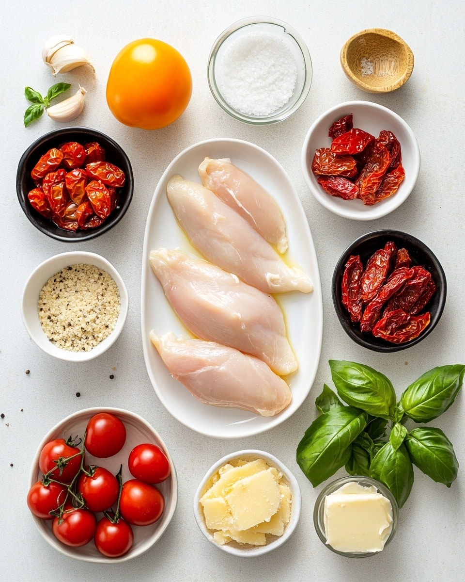 A white pan with two browned chicken pieces sitting in a thick, creamy orange sauce. The sauce has whole cherry tomatoes scattered around and fresh green basil leaves spread on top. Light brown seeds are sprinkled over the chicken and sauce. The pan is placed on a rustic wooden surface. photo taken with an iphone --ar 4:5 --v 7