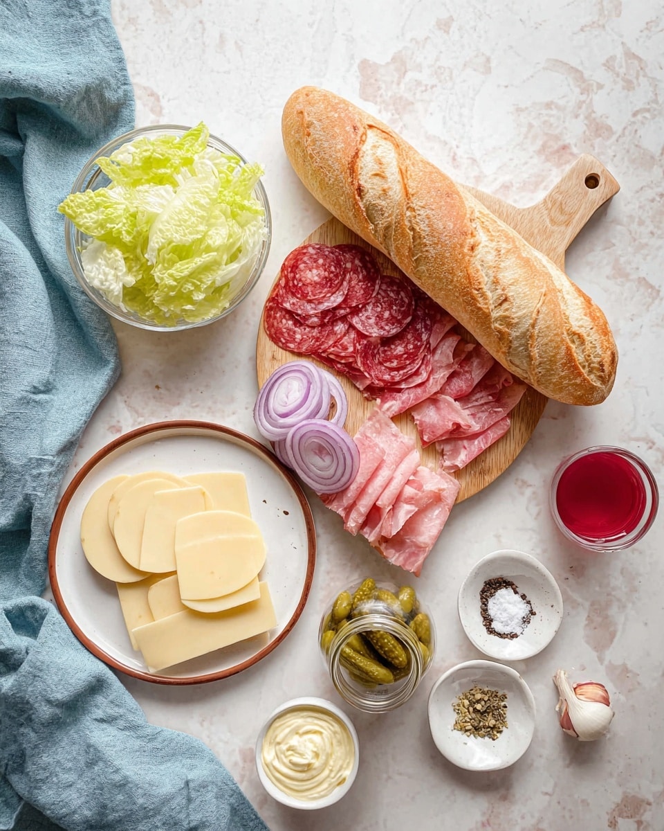 A wooden board holds three stacks of thin meat slices arranged side by side: dark red prosciutto with white fat edges at the top, slightly lighter red salami slices in the middle, and pale pink mortadella with pistachio nuts at the bottom. Next to the meats is a long, golden brown baguette with two cut lines on the top sprinkled lightly with flour. Below the board is a white plate with three pale yellow cheese slices on the left, curled purple onion rings in the center, and a small dollop of white mayonnaise on the right. Nearby is a clear bowl full of pale green lettuce leaves. A small jar of pickled yellow peppers sits above the lettuce on a white marbled surface, alongside a small white plate with a clove of garlic, salt, peppercorns, and dried herbs. A white small cup of red liquid is at the top right. A light blue cloth is draped around the wooden board on the left side. photo taken with an iphone --ar 4:5 --v 7