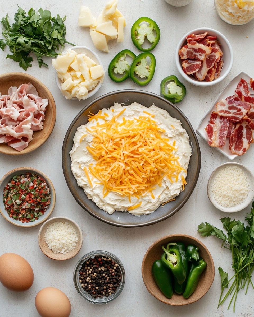 A close-up view of golden brown, crispy fried rolls stacked on a white marbled surface. The rolls have a bubbly, crunchy texture and are drizzled with thin white sauce lines. Small pieces of cooked bacon in deep red and tiny bright green bell pepper bits are scattered over the rolls and surface. In the top left corner, there is a small round white bowl filled with a creamy white sauce garnished with green herbs. The light highlights the crispy texture of the fried rolls, making them look crunchy and savory. photo taken with an iphone --ar 4:5 --v 7