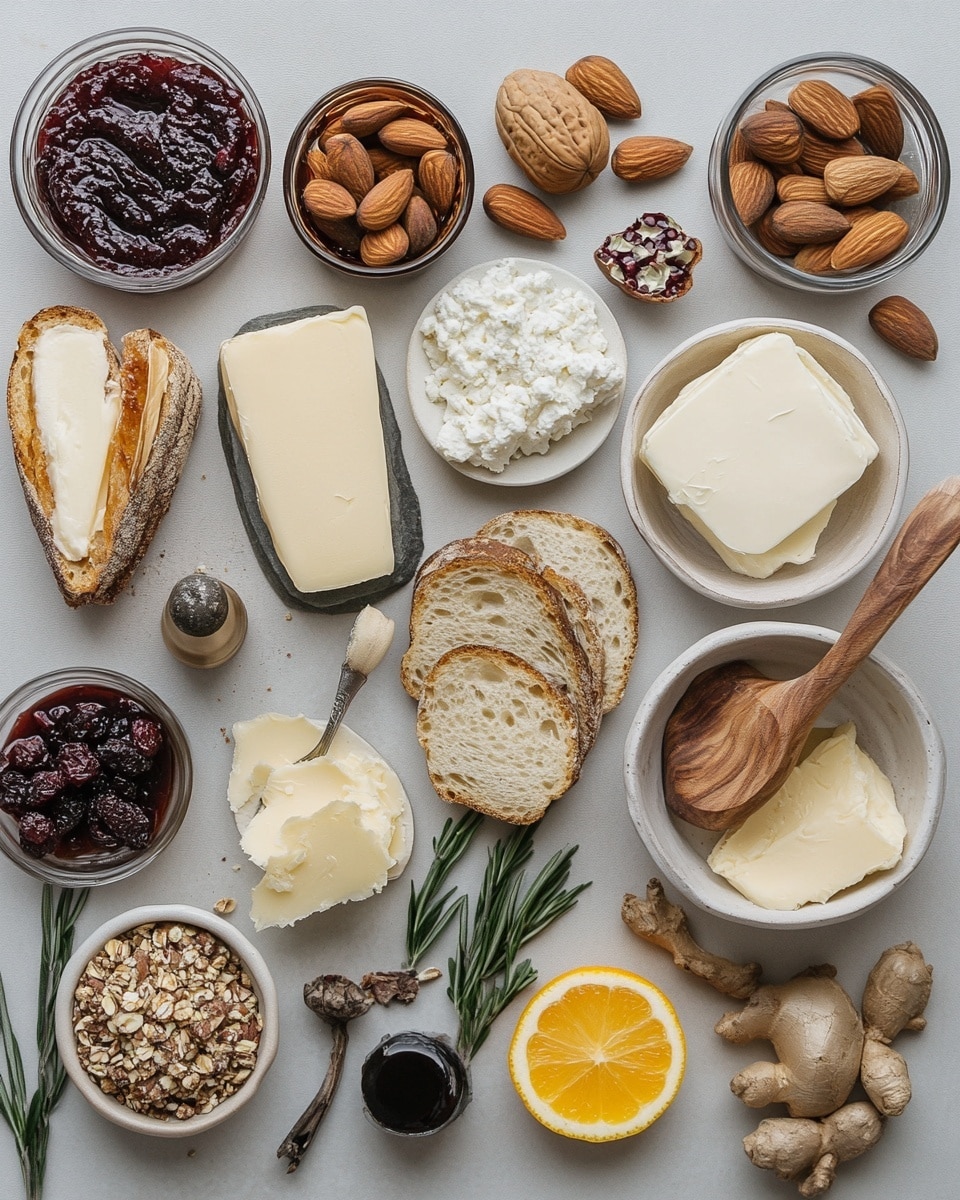 The image shows a wooden board with three rectangular pieces of soft, spread cheese topped snacks. The snack closest shows a thick white creamy cheese layer spread unevenly with dark red jam dollops and scattered chopped walnuts on top, creating a rough texture with shiny syrup drizzles. A slice of white bread with some cheese and jam on it rests on the board's corner, held by a knife with a wooden handle. The middle snack has a white cheese base topped with dark dried cranberries, orange zest bits, chopped nuts, and sprigs of fresh green rosemary arranged decoratively. The top snack has a similar white cheese base but is covered with bright chunky red jam evenly spread. The board is placed on a white marbled surface photo taken with an iphone --ar 4:5 --v 7