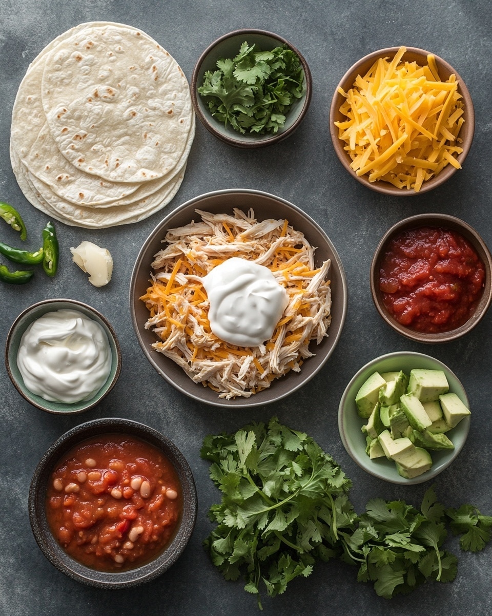 A toasted, golden-brown burrito with a crispy outer layer lays partially open on a white plate, showing shredded chicken mixed with melted white cheese inside. The burrito is topped with five thin, even lines of white cream sauce and small sprinkles of fresh green herbs. On the side, there is a fresh tomato salsa made of diced red tomatoes, white onions, and bits of green herbs, all arranged neatly. The plate sits on a white marbled surface with additional small green herb pieces scattered around for decoration. Photo taken with an iphone --ar 4:5 --v 7