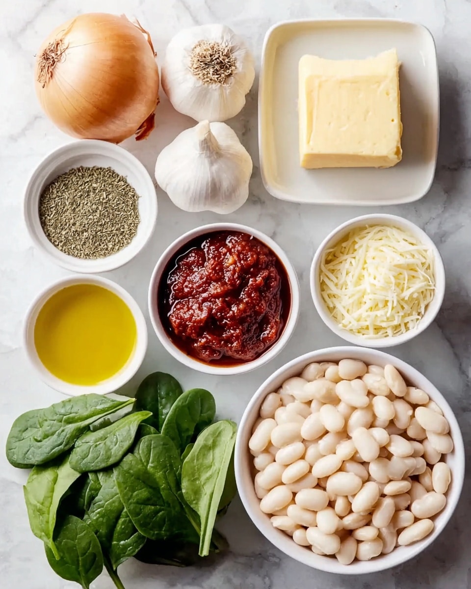 The image shows several ingredients neatly arranged on a white marbled surface. At the center, there is a block of pale yellow butter with a textured surface. To its right, a white bowl holds small white beans, smooth and shiny. Below the beans is a white bowl with golden olive oil, clear and bright. To the left of the butter, a whole yellow onion and a round head of garlic are placed side by side. Above the onion, a clear glass bowl is filled with light golden olive oil. Next to the garlic is a white bowl containing green dried herbs. Below the onion, a white bowl contains a thick red tomato sauce with a slightly coarse texture. In the bottom left corner, fresh dark green spinach leaves are grouped together, and next to them is a small white bowl filled with finely grated white cheese that has a soft, powdery look. The overall scene is well lit, bright, and clean. photo taken with an iphone --ar 4:5 --v 7