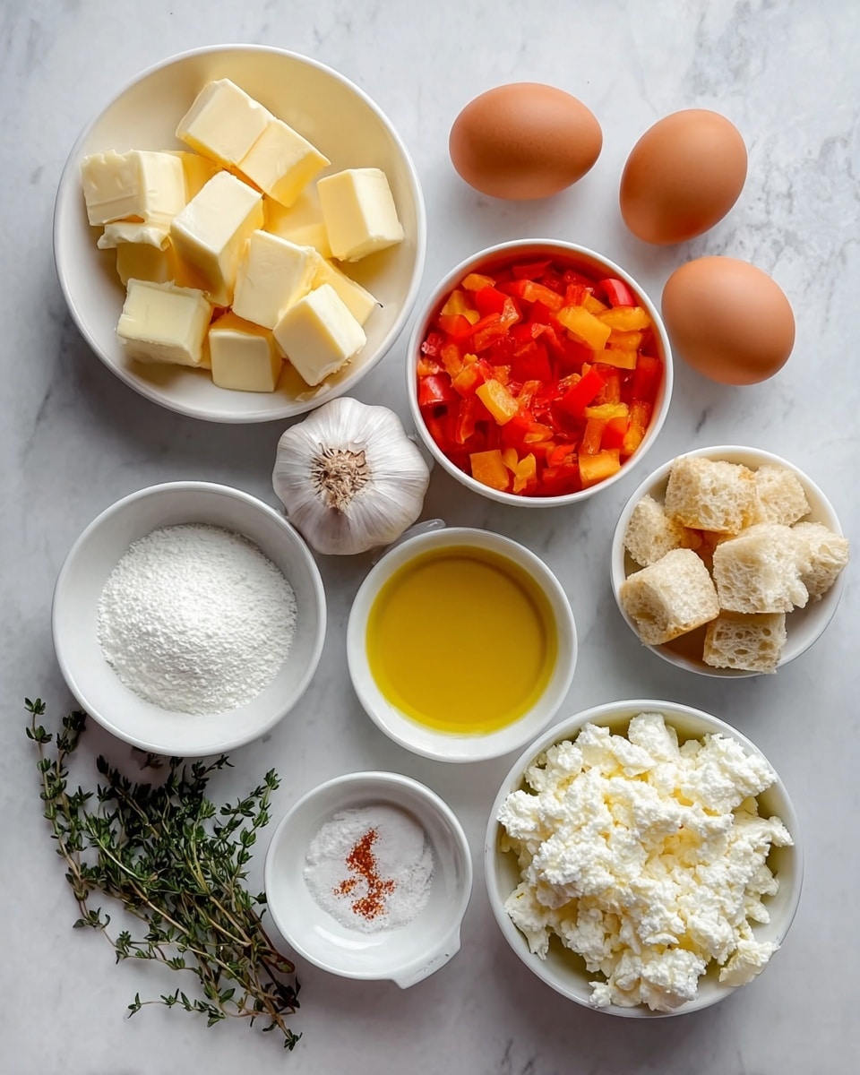 The image shows a flat top view of various white bowls arranged neatly on a white marbled surface, each containing different ingredients. One bowl holds small cubes of pale yellow butter, another contains a golden yellow liquid, likely oil. There are three brown eggs placed directly on the surface, alongside a whole bulb of garlic. A small bowl contains a mix of black and white powder, possibly salt and pepper. Bright orange and red diced vegetables fill another bowl, while a separate bowl is filled with a white powder, probably flour. A larger bowl is piled high with white crumbly cheese, slightly fluffy in texture. A small dish holds a few toasted bread cubes, and sprigs of fresh green thyme are laid out around the bowls. The photo taken with an iphone --ar 4:5 --v 7