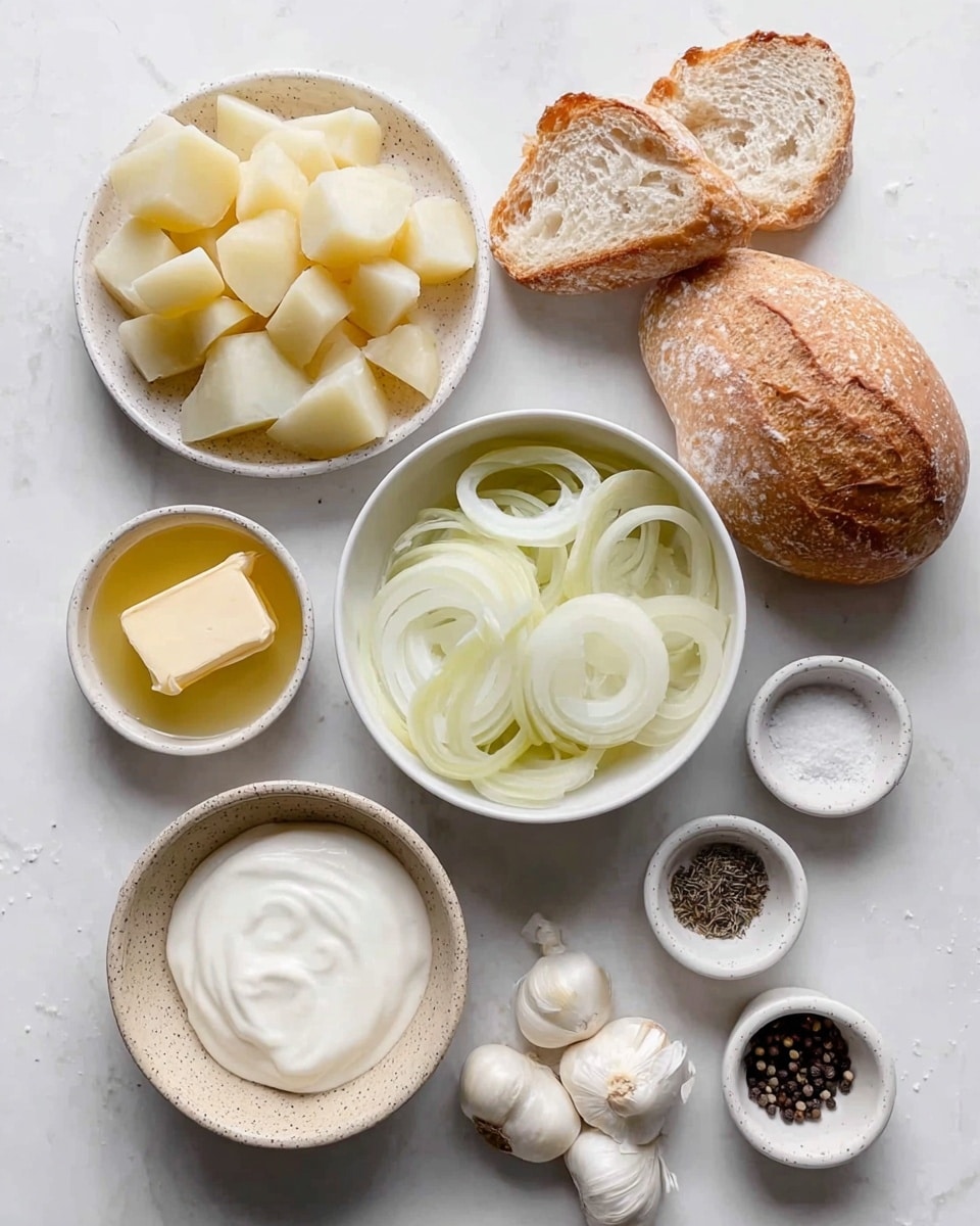 The image shows multiple white bowls arranged on a white marbled surface, each containing different ingredients. One bowl has sliced white onions with smooth, translucent layers. Another bowl holds pale yellow cheese cubes with a slightly waxy texture. A larger bowl contains thick white cream with a smooth surface. There's also a small bowl with coarse salt crystals, and another small bowl filled with round black peppercorns. Near these bowls, a small plate carries a block of pale yellow butter sitting in clear honey. Three slices of crusty white bread with a golden brown, rough crust are placed around the bowls. Three garlic cloves with papery white skins rest near the salt bowl. The arrangement is clean and simple, showcasing the ingredients clearly. photo taken with an iphone --ar 4:5 --v 7