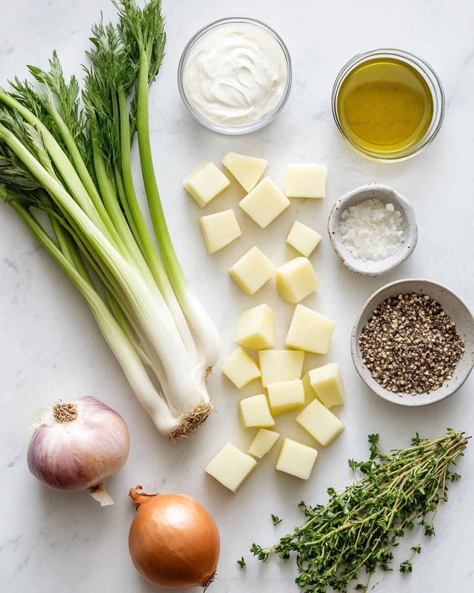 The image shows various ingredients neatly placed on a white marbled surface, including a large knobby root with a rough brown and white texture in the top right; a whole light brown onion below it; several bright green celery sticks on the left; a bowl of pale yellow cubed butter in the top left; a bowl of small golden toasted bread cubes in the bottom right; a bowl of thick white cream in the bottom left; three whole garlic cloves near the center; a few fresh green sage leaves next to the garlic; a small bunch of fresh thyme sprigs; and three small white bowls containing olive oil, mixed black and white peppercorns, and coarse white salt, all arranged with clear spacing. The photo is taken with an iphone --ar 4:5 --v 7