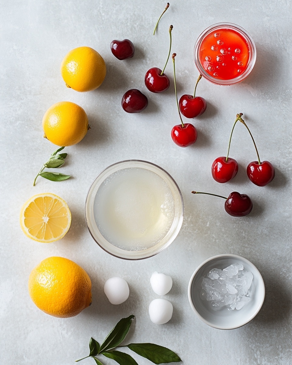 The image shows a clear glass filled with three layers: a bottom layer of deep red liquid, a middle layer of light pink mixing with crushed ice, and a top layer filled with clear ice cubes. On the top, there are two bright red cherries next to a thin, fresh green lime slice placed on the glass rim. In the blurred background, there is another glass with a similar drink and lime slice, and a bottle with blue and silver labels. The surface under the glass is a white marbled texture. Photo taken with an iphone --ar 4:5 --v 7