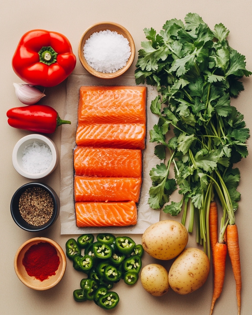The image shows four pieces of cooked salmon, each covered in a thick orange-brown sauce with green herb specks. The salmon pieces sit on a bed of chunky vegetables that include red bell peppers and orange carrot slices, all immersed in a rich red-brown sauce. There are thin lemon slices placed near the salmon pieces, adding a subtle yellow contrast. Fresh green herbs are sprinkled over the entire dish, adding bright spots of color. The scene is set in a metal pan with a warm light highlighting the textures. The background surface is a white marbled texture photo taken with an iphone --ar 4:5 --v 7