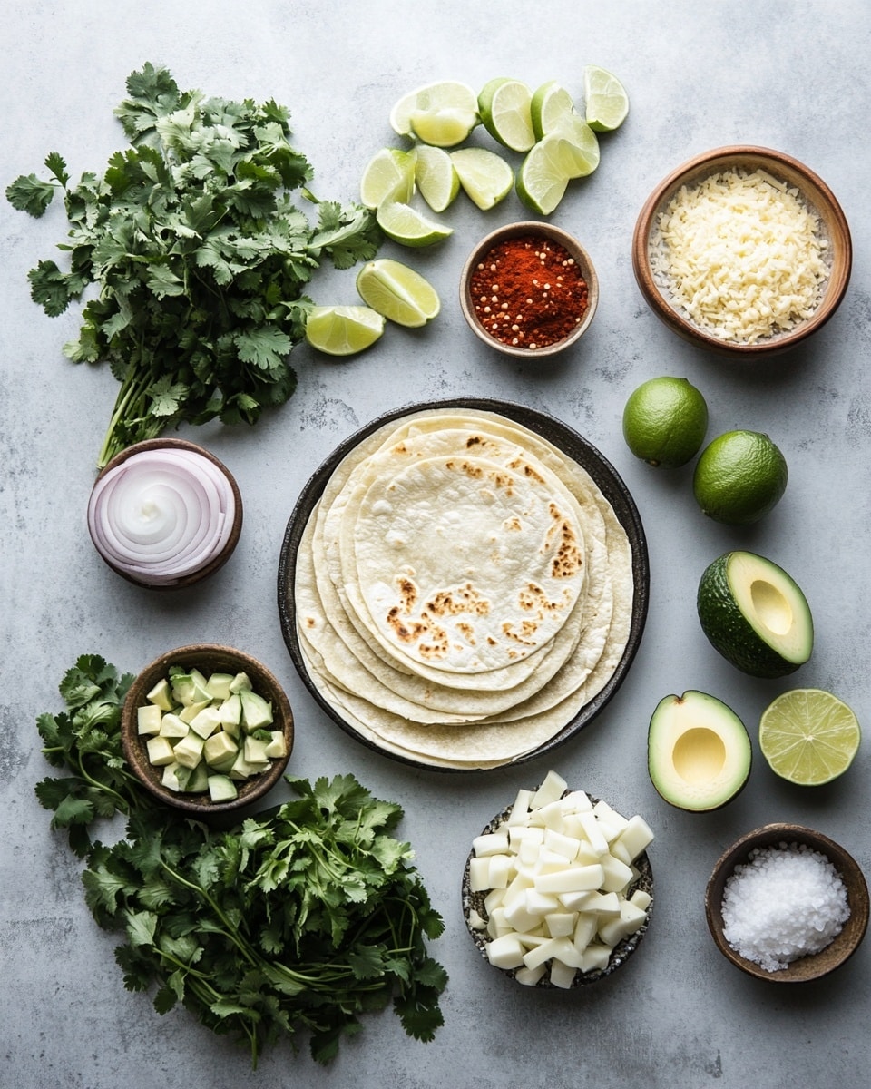 Two tacos sit on a white plate on a white marbled surface. Each taco has three main layers: a yellow corn tortilla base with light brown grill marks, a middle layer of small pieces of grilled, seasoned chicken with a slightly charred texture, and a top layer composed of chopped white onions, green cilantro leaves, creamy white cheese crumbles, and a dollop of chunky green guacamole placed in the center of each taco. The overall look is vibrant with warm, fresh colors. photo taken with an iphone --ar 4:5 --v 7