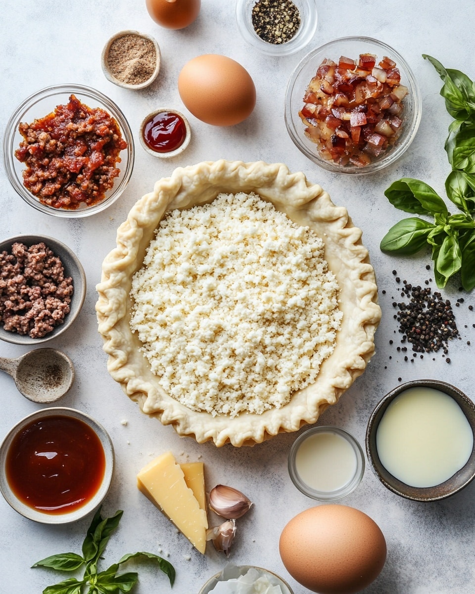 A single slice of savory pie sits centered on a white plate with a wavy edge. The pie has three distinct layers: the bottom crust is light brown and flaky, the middle layer is thick and filled with dark brown ground meat, and the top layer is melted cheese in mixed shades of yellow and white, with small bits of green herbs sprinkled across. The pie slice shows a firm, crumbly texture in the meat layer and a soft, shiny cheese layer on top. In the blurred background, the remaining whole pie is visible in a clear glass dish on a white marbled surface. Photo taken with an iphone --ar 4:5 --v 7