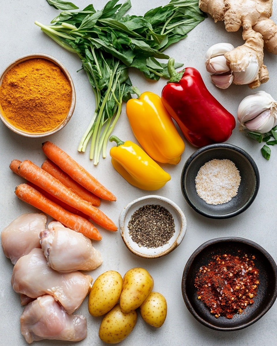 The image shows a white cast iron pot filled with several thick chicken drumsticks cooked in rich, dark brown sauce with visible spices and herbs. The sauce has a glossy, slightly oily texture, coating tender chunks of yellow potatoes and small red and yellow bell pepper pieces scattered throughout. A wooden spoon is resting inside the pot, partially submerged in the sauce on the right side. Around the pot, there are sprigs of fresh green herbs and a couple of red and green peppers placed on a wooden surface, with an orange cloth partially visible at the bottom. photo taken with an iphone --ar 4:5 --v 7