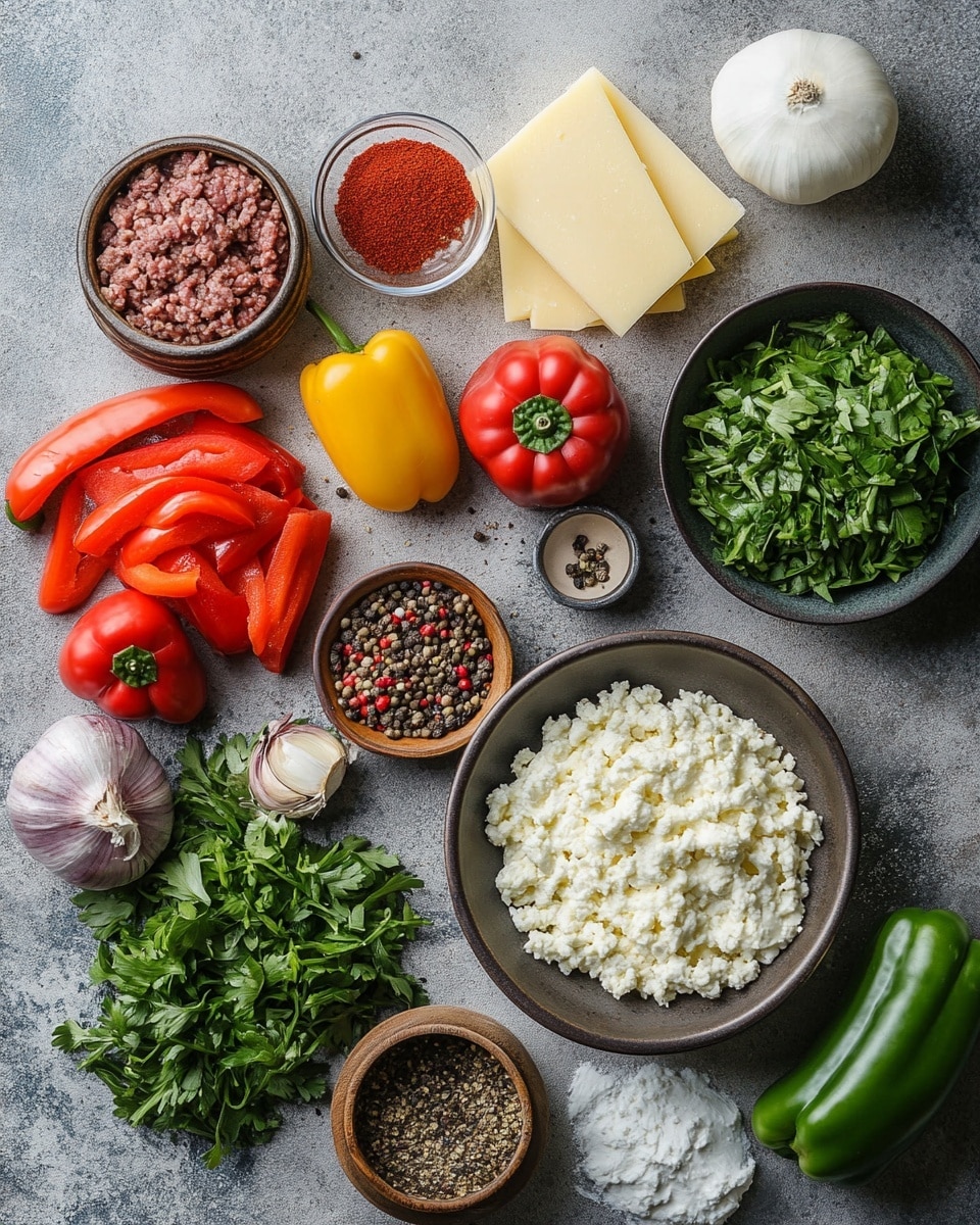 A white ceramic oval dish holds a layered baked casserole with a golden brown top crust. The casserole has three visible layers: the bottom layer is creamy white, the middle layer is mixed with small pieces of ground meat and diced green and red peppers, and the top layer is melted cheese with a slightly crispy brown texture. A silver spoon lifts a portion showing the layers clearly, with a few small chopped green onions sprinkled on top. The dish rests on a white marbled surface. Photo taken with an iphone --ar 4:5 --v 7