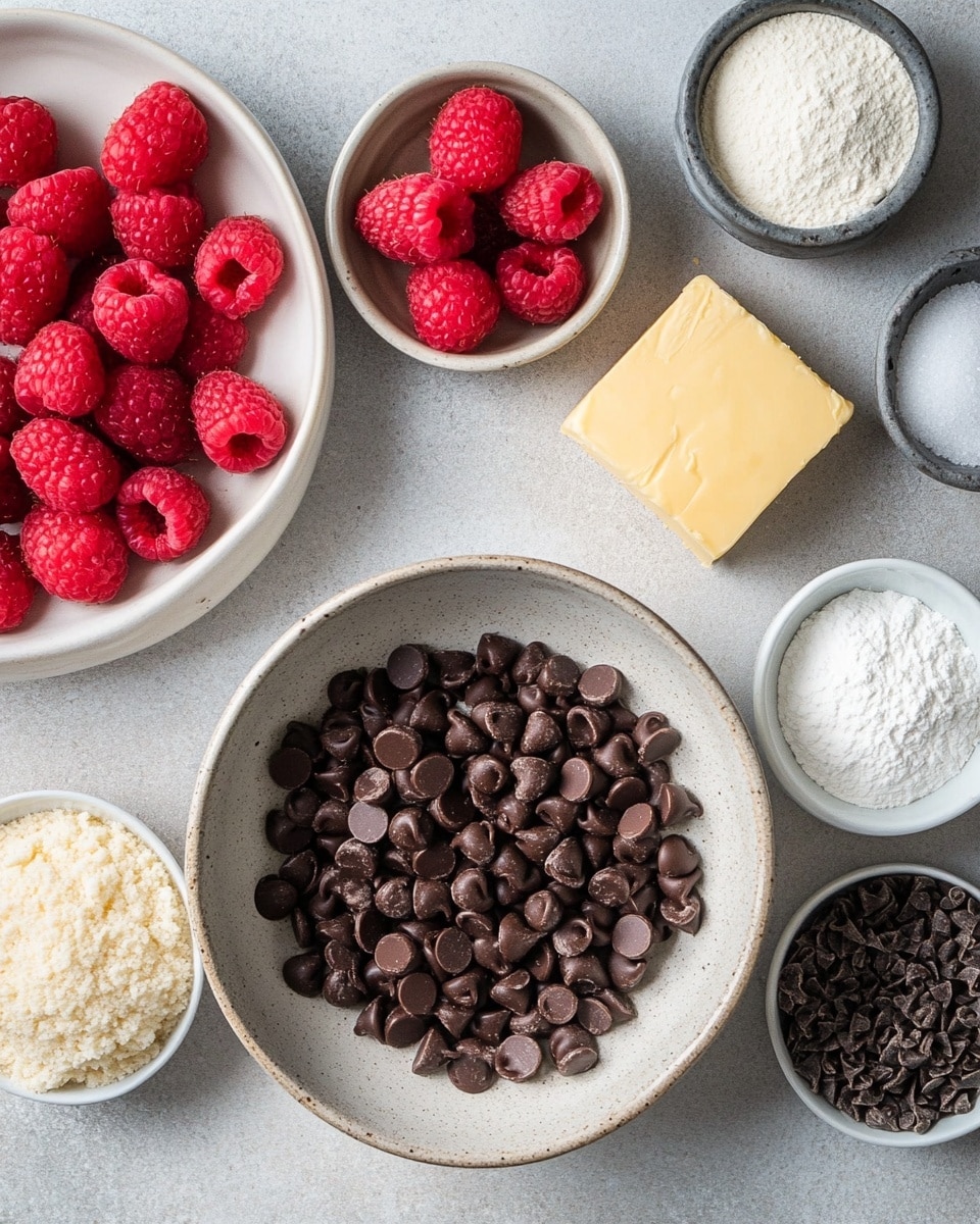 Three square chocolate brownies are placed close together on a white plate. Each brownie has a cracked top layer showing a soft, dense dark brown inside. The brownies have a swirl of deep red jam or jelly on top with thin lines of dark chocolate drizzled over the jam and surface. The plate sits on a wooden table with a jar of the same red jam behind it and a stack of white plates on the right side. Photo taken with an iphone --ar 4:5 --v 7