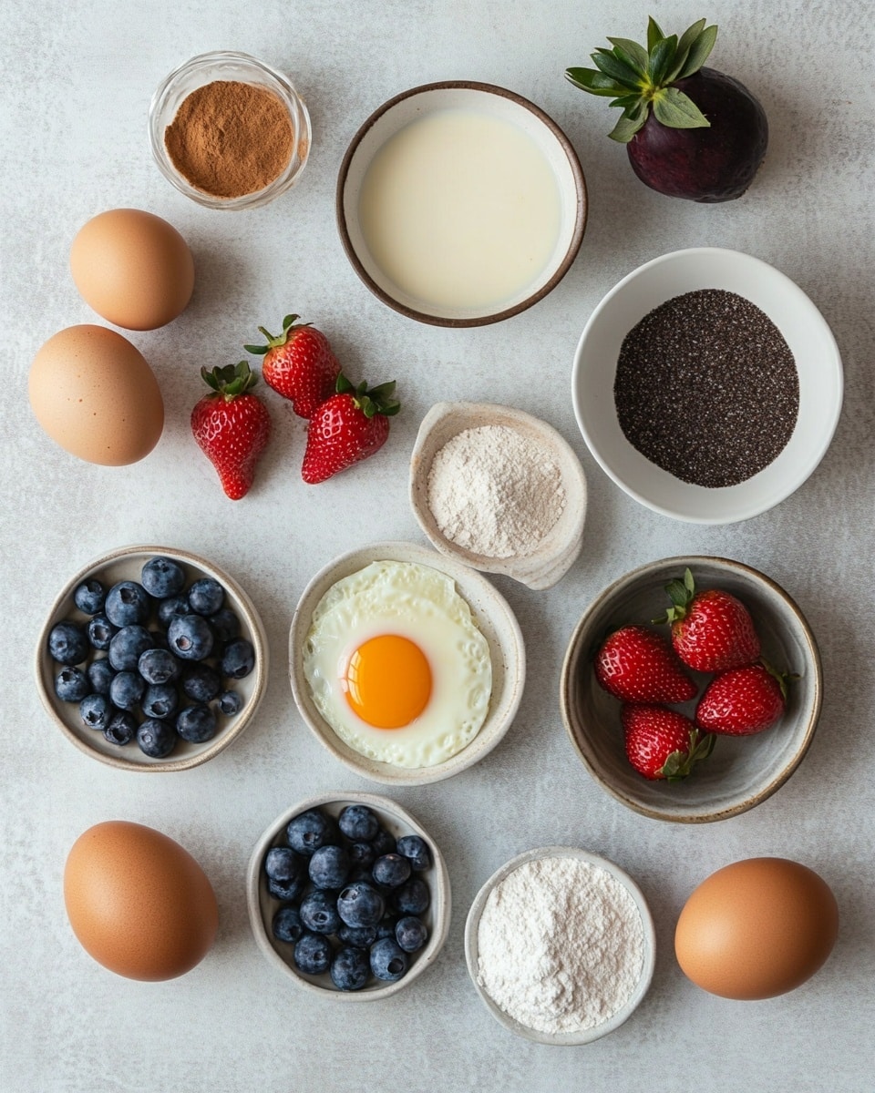 A white rectangular baking dish filled with a layered dessert. The bottom layer consists of golden toasted bread cubes with a crisp texture. Scattered evenly among the bread cubes are sliced red strawberries and whole dark blue blueberries, adding bright pops of red and blue color. A light dusting of white powdered sugar is sprinkled over the top, giving a soft, snowy look. The dish rests on a textured gray cloth with a white marbled surface in the background. photo taken with an iphone --ar 4:5 --v 7