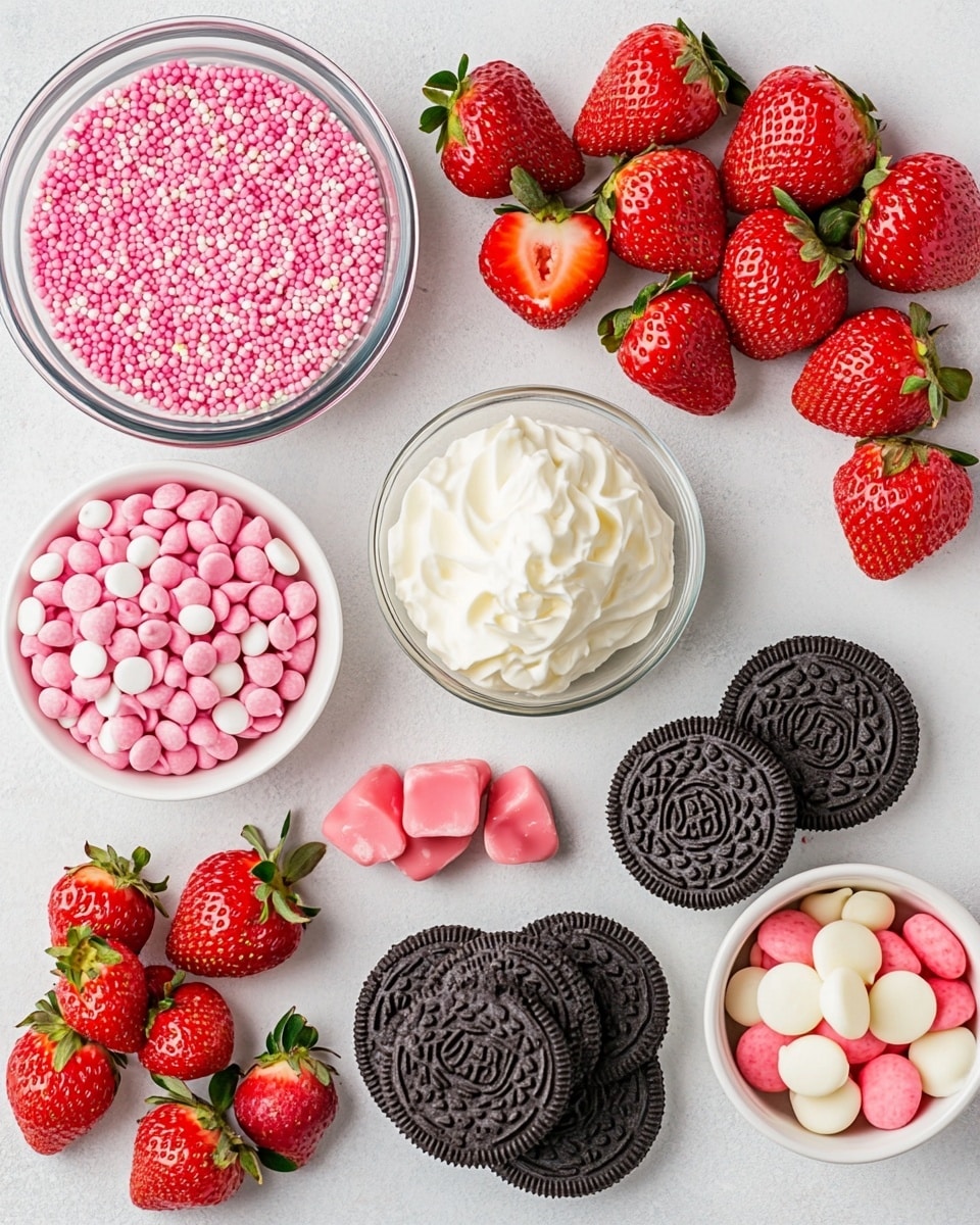 A red stand with a wavy edge holds a pile of round treats covered in smooth white coating, each topped with small sprinkles in red, pink, and white colors. The treats are stacked in a slightly uneven way, showing their soft texture under the smooth layer. The background shows a white marbled surface and a blurred white tiled wall, with some fresh red strawberries in a white container on the side. A red 