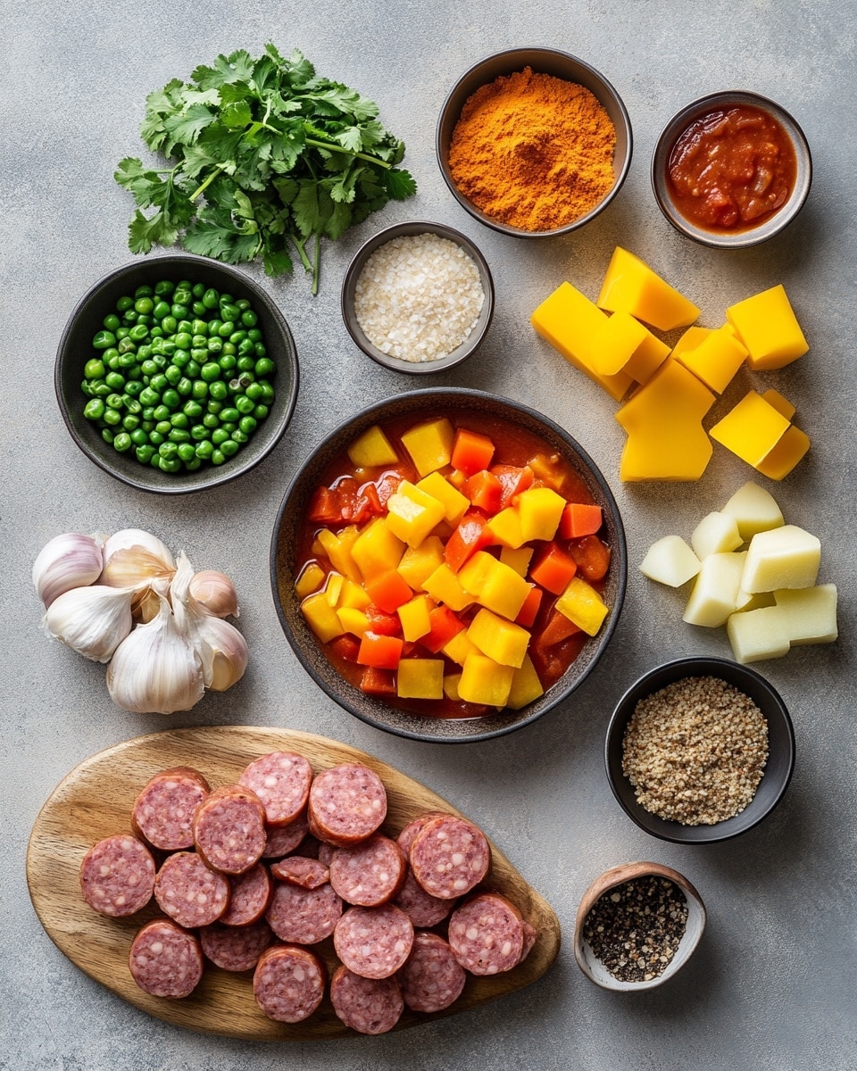A large white pot is filled with a thick stew made of small round beans, sliced brown sausage pieces, cubed light yellow potatoes, little green peas, orange carrot cubes, and some bits of ground brown meat, all mixed in a reddish-brown sauce. Inside the pot, a wooden spoon is partially submerged, showing the stew’s chunky texture. Around the pot, there is a small white plate with two slices of white bread, one topped with a spread of soft white butter. On the right side, a wooden board holds several slices of white bread stacked loosely, showing their soft inside and golden crust. Below this, the corner of a couple of empty white bowls with two large silver spoons stacked on one bowl can be seen. To the left, two silver salt and pepper shakers stand side-by-side on a white marbled surface, with a black and white zigzag cloth folded nearby. Photo taken with an iphone --ar 4:5 --v 7