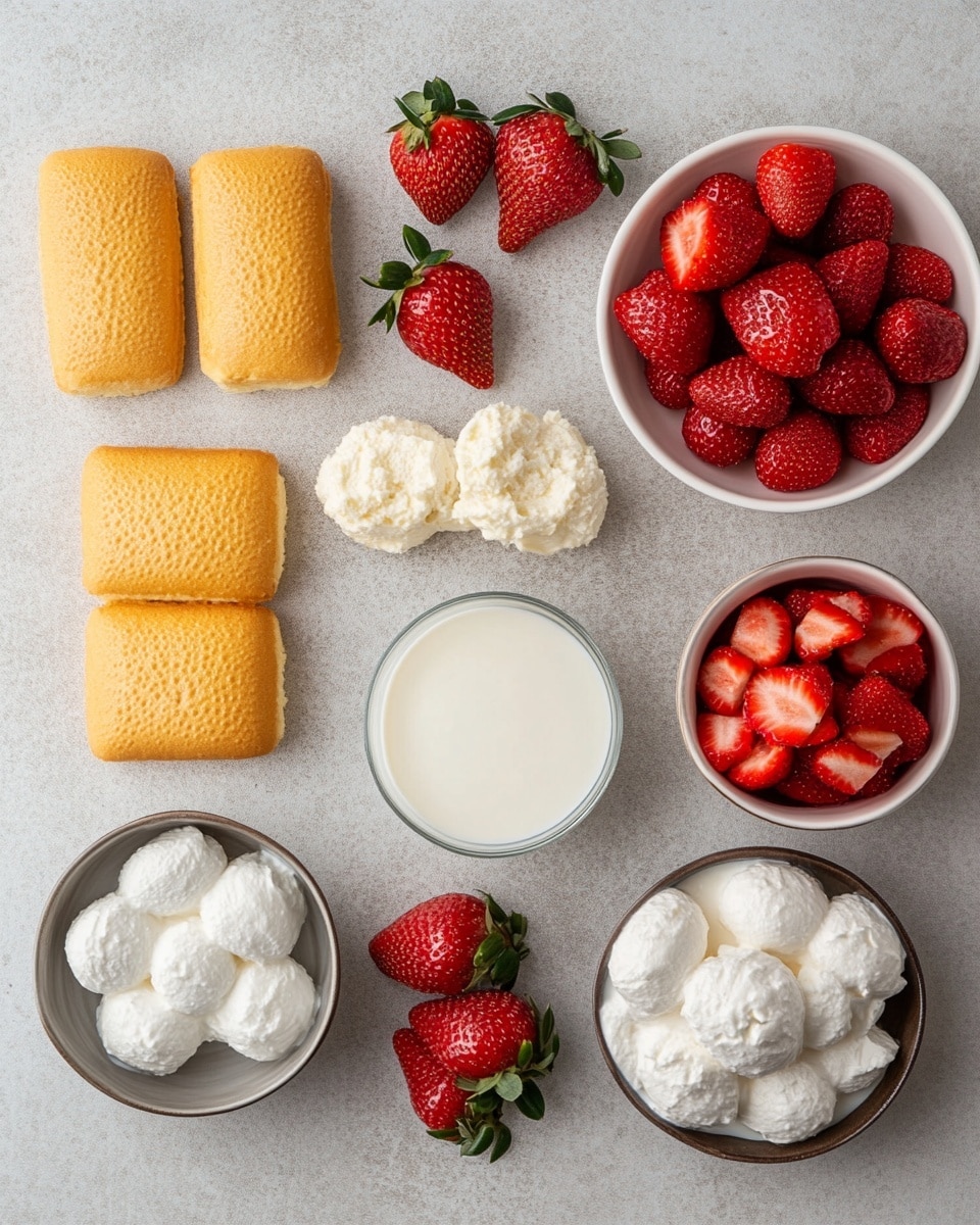 The dish is a layered strawberry dessert on a white plate, placed on a white marbled texture. The bottom layer consists of yellow sponge cake rolls with white cream inside, arranged side by side. Above this is a creamy yellow custard layer that slightly drips over the cake rolls. On top of the custard is a thick layer of white whipped cream, which is spread unevenly to show texture. Fresh red strawberry pieces are scattered generously over the top and around the base of the dessert, adding bright color. In the background, there is a bowl filled with whole strawberries and a blurred colorful package. Photo taken with an iphone --ar 4:5 --v 7