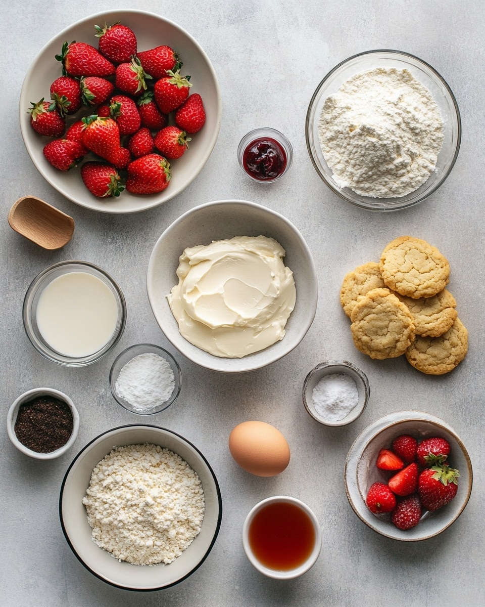 The image shows round cookies with a light beige color, speckled with red strawberry bits throughout. One cookie on top has a bite taken out of it, revealing a soft, slightly creamy inside. The cookies look soft and thick, stacked closely together on a white marbled surface. Bright red whole strawberries and fresh white daisy flowers with yellow centers are placed around the cookies, adding a fresh, vibrant contrast. In the background, part of a white plate with more strawberries is visible. Photo taken with an iphone --ar 4:5 --v 7