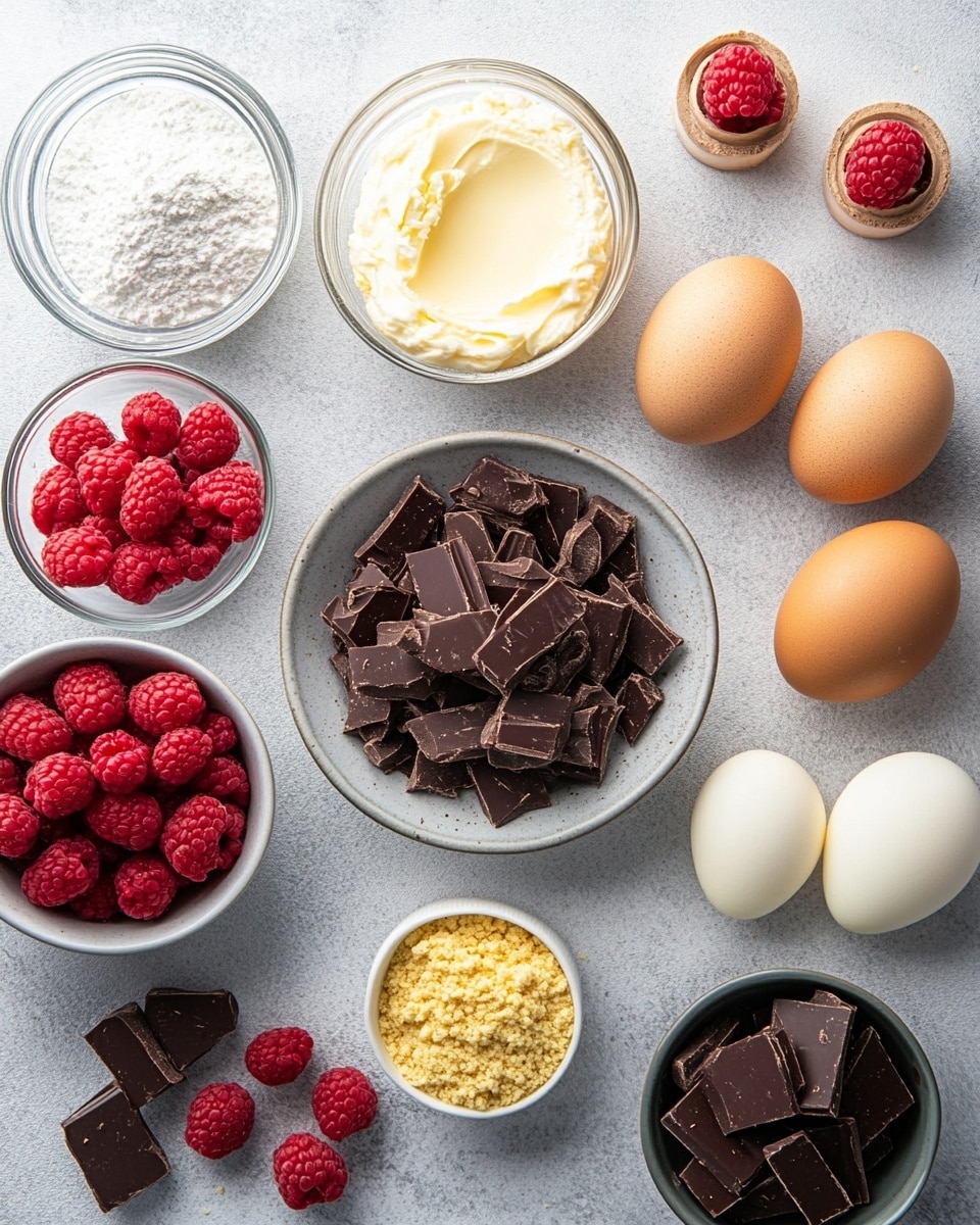 A slice of cake with three layers sits on a white plate on a white marbled surface. The bottom layer is dark chocolate crumb crust with a rough texture. The middle layer is thick and smooth pink mousse. The top layer is shiny dark chocolate glaze that drips over the sides. On top of the cake are five bright red raspberries and two pieces of dark chocolate squares placed among them. Photo taken with an iphone --ar 4:5 --v 7