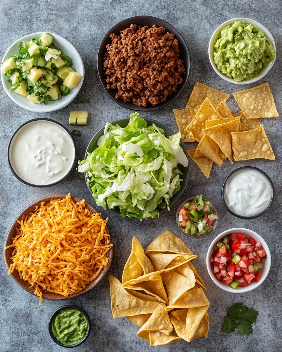 On a white plate with a thin black rim set on a white marbled surface, there are several small taco cups made from a crispy golden-brown shell with a crimped edge. Each cup is filled with layers: first a base of ground meat, topped with shredded light yellow and white cheese, followed by shredded green lettuce. Above the lettuce is a dollop of bright green guacamole, then a small spoonful of white sour cream, and finally a topping of diced red tomatoes with small green herb bits. In the background, there is a white bowl filled with red salsa, slightly out of focus. Photo taken with an iphone --ar 4:5 --v 7