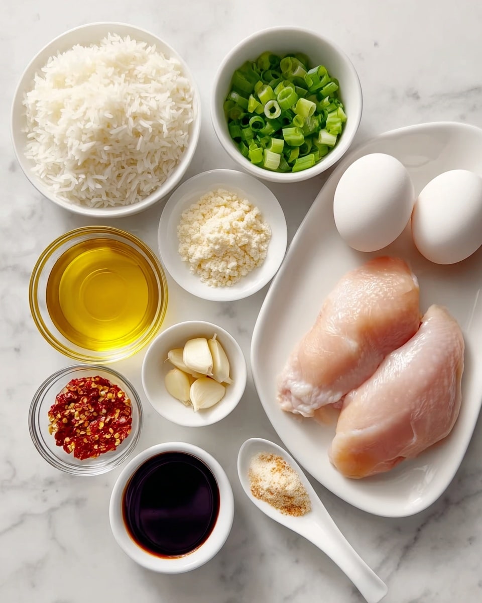 The image shows raw ingredients arranged neatly on a white marbled surface. On the right, a white plate holds two smooth, pale pink chicken breasts and two brown eggs. Surrounding this plate are small white bowls filled with different ingredients: at the top right, pale yellow almond flour; next to it, peeled white garlic cloves; below that, chopped green onions with varying green shades. On the left side, a white bowl is filled with fluffy white cooked rice. Above that, a clear glass bowl holds golden yellow oil, and beside it, a smaller bowl has a lighter yellow liquid. Below these, a white ceramic spoon holds red chili flakes, and next to it, a small white bowl contains dark soy sauce. The whole scene is bright with soft lighting and shows clean, simple textures. photo taken with an iphone --ar 4:5 --v 7
