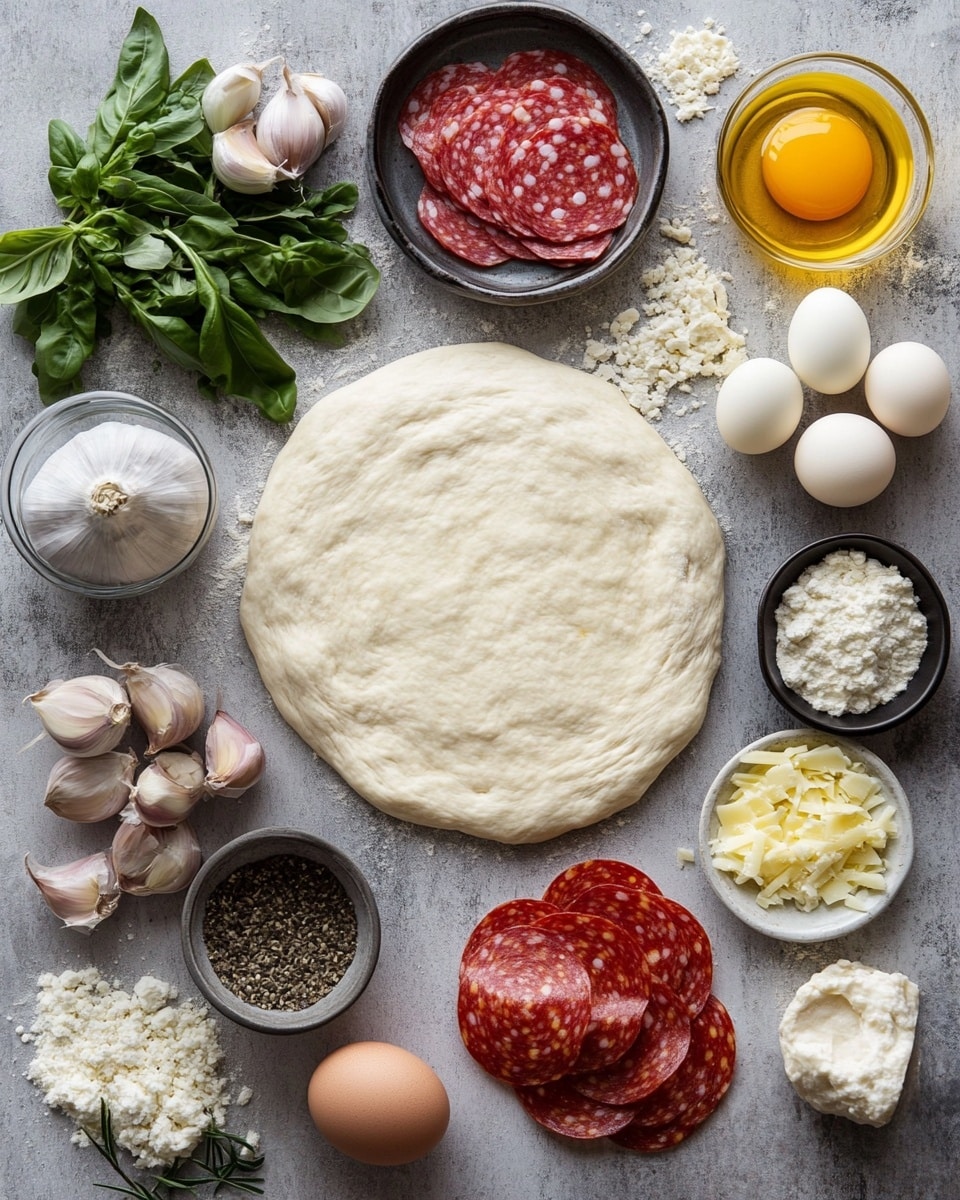 The image shows a rolled savory pastry sliced to reveal three visible layers inside: a golden-brown herb-speckled outer crust, followed by a layer of melted light yellow cheese, and an inner layer of reddish-orange sauce with slices of pinkish deli meat. The pastry is placed on crumpled parchment paper, with two slices cut and placed in front. A clear glass bowl filled with red tomato sauce is near the back on a white marbled surface. In the background, there is some greenery blurred out, and a striped cloth is placed near the pastry. Photo taken with an iphone --ar 4:5 --v 7