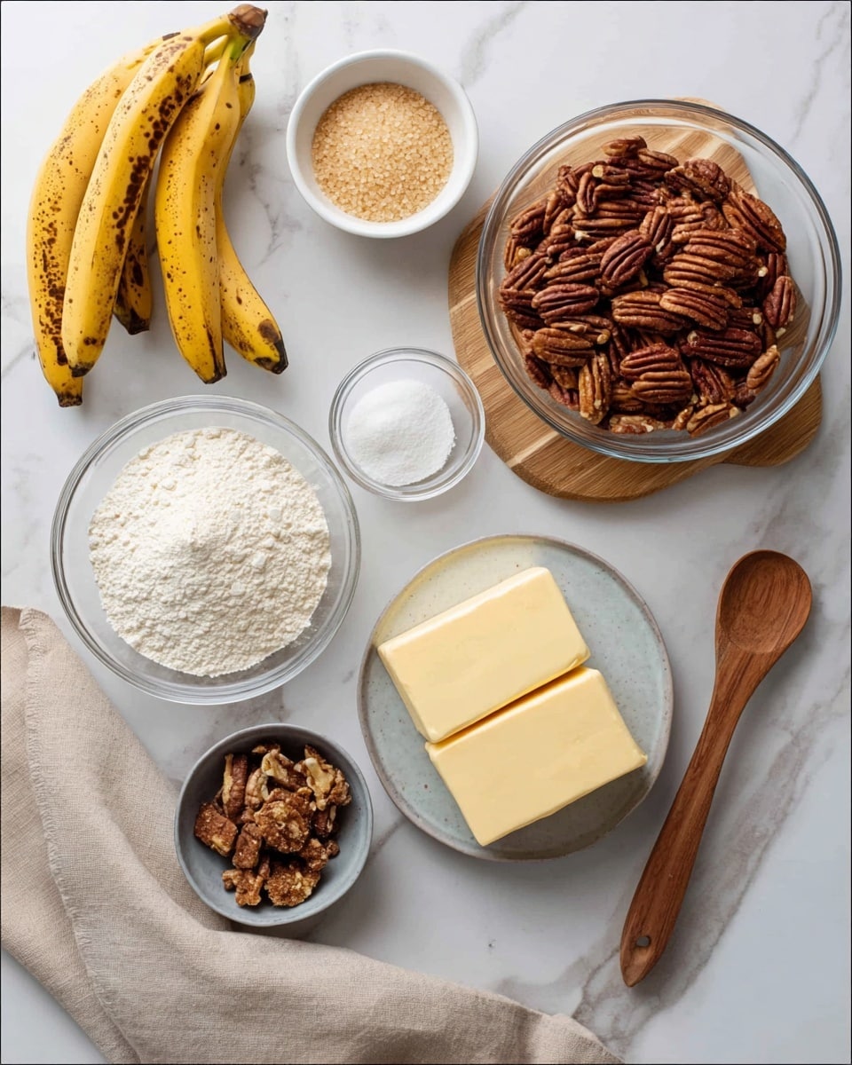 The image shows baking ingredients neatly arranged on a white marbled surface. Two ripe yellow bananas with brown spots are placed on the upper left. Nearby, a small white bowl holds brown sugar, and next to it is a glass bowl filled with dark brown pecans, sitting on a small wooden board. Below, there is a white bowl of white flour powder, beside a clear glass bowl containing a lighter powder, possibly sugar. To the left, three thick slices of yellow butter rest on a light round plate. In the bottom left corner, a tiny bowl contains small brown chunks, and a wooden spoon lies on a beige towel that runs along the bottom right of the image. Photo taken with an iphone --ar 4:5 --v 7