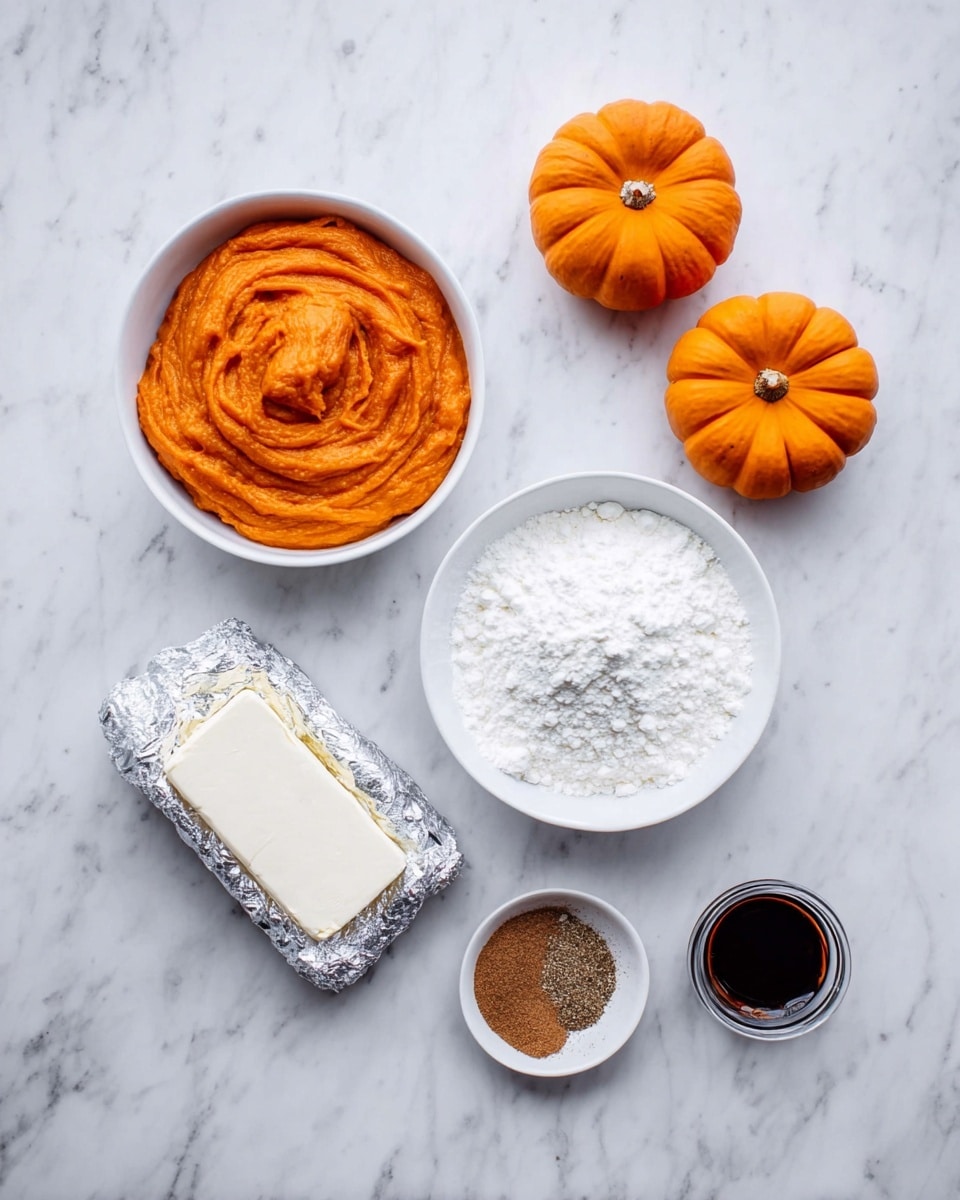 The image shows a top view of pumpkin pie ingredients arranged on a white marbled surface. There is a white bowl filled with bright orange pumpkin puree with a smooth, thick texture, positioned at the top left. To the right, two small, round, bright orange mini pumpkins sit side by side. Below the pumpkin puree bowl, a rectangular silver foil-wrapped block of butter rests horizontally. Next to the butter, on the right, is a white bowl filled with fine, white powdered sugar that looks fluffy. Below these items, there is a small brown bowl containing a light brown powder, likely cinnamon or spice mix, and a small clear glass cup filled with dark brown vanilla or syrup positioned a little to the right. The overall setting is neat and clean with a focus on fall ingredients, photo taken with an iphone --ar 4:5 --v 7