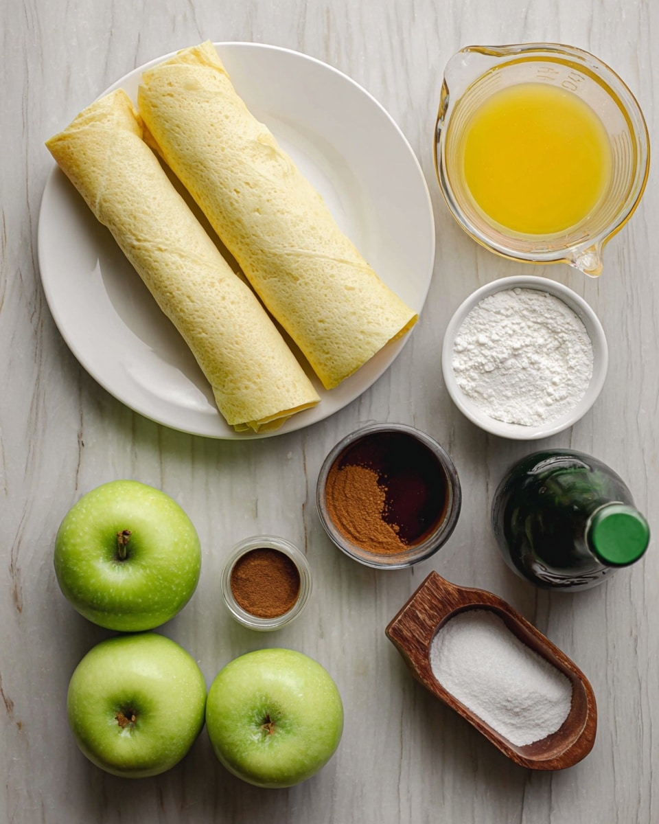 Two pale yellow rolled tortillas lie side by side on a white plate, set on a wooden surface. Nearby, a clear glass measuring cup holds melted yellow butter. Below the plate, two shiny green apples rest with small stems facing upward. A small dark brown bottle with a green cap is positioned near the apples. To the right, a wooden measuring cup is filled with white granulated sugar, and below it, a small dark cup contains a reddish-brown liquid. A small metal cup holds ground cinnamon, and a white bowl near the bottom contains a white powder, all arranged neatly on the wood surface. photo taken with an iphone --ar 4:5 --v 7