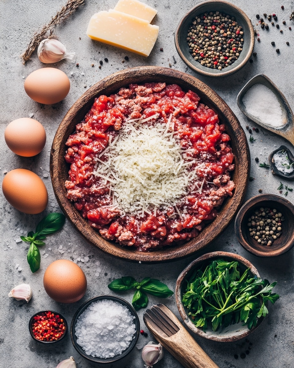 The image shows a close-up of a white dish filled with round meatballs, each covered with melted, browned cheese that has a slightly crispy texture on top. The meatballs sit in a rich, red tomato sauce visible between them. Each meatball is topped with a fresh green basil leaf and small bits of green herbs are sprinkled across the dish, adding a pop of color. The dish is placed on a white marbled surface. photo taken with an iphone --ar 4:5 --v 7