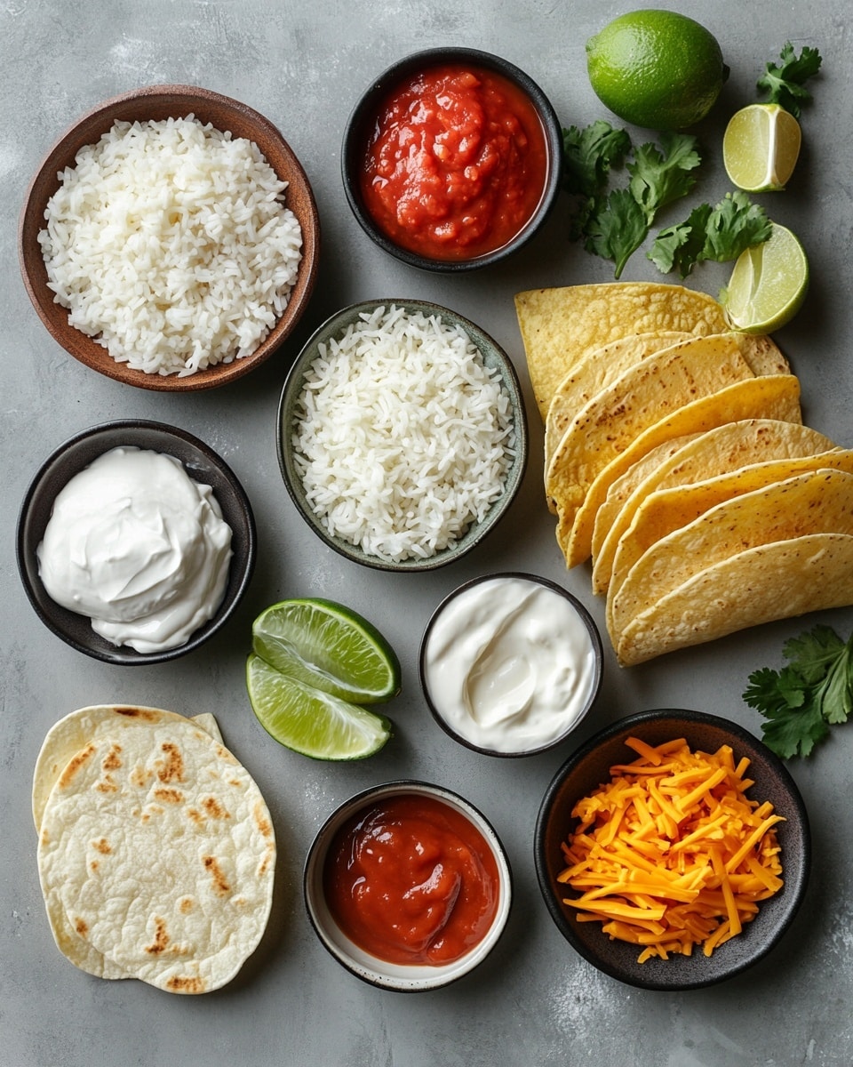 The image shows a stack of four rolled tortillas on a white marbled surface, with the top two cut in half to reveal the filling inside. Each tortilla is golden brown and crispy on the outside with melted cheese around the edges. Inside, there are layers of ground meat mixed with rice and melted cheese, showing a mix of light brown rice, darker browned meat, and creamy cheese. Around the tortillas are lime halves with a bright green color and some light brown sauce with a smooth texture spread nearby. The background is softly blurred with hints of a clear glass and other blurred items, making the food the clear focus in natural light. Photo taken with an iphone --ar 4:5 --v 7