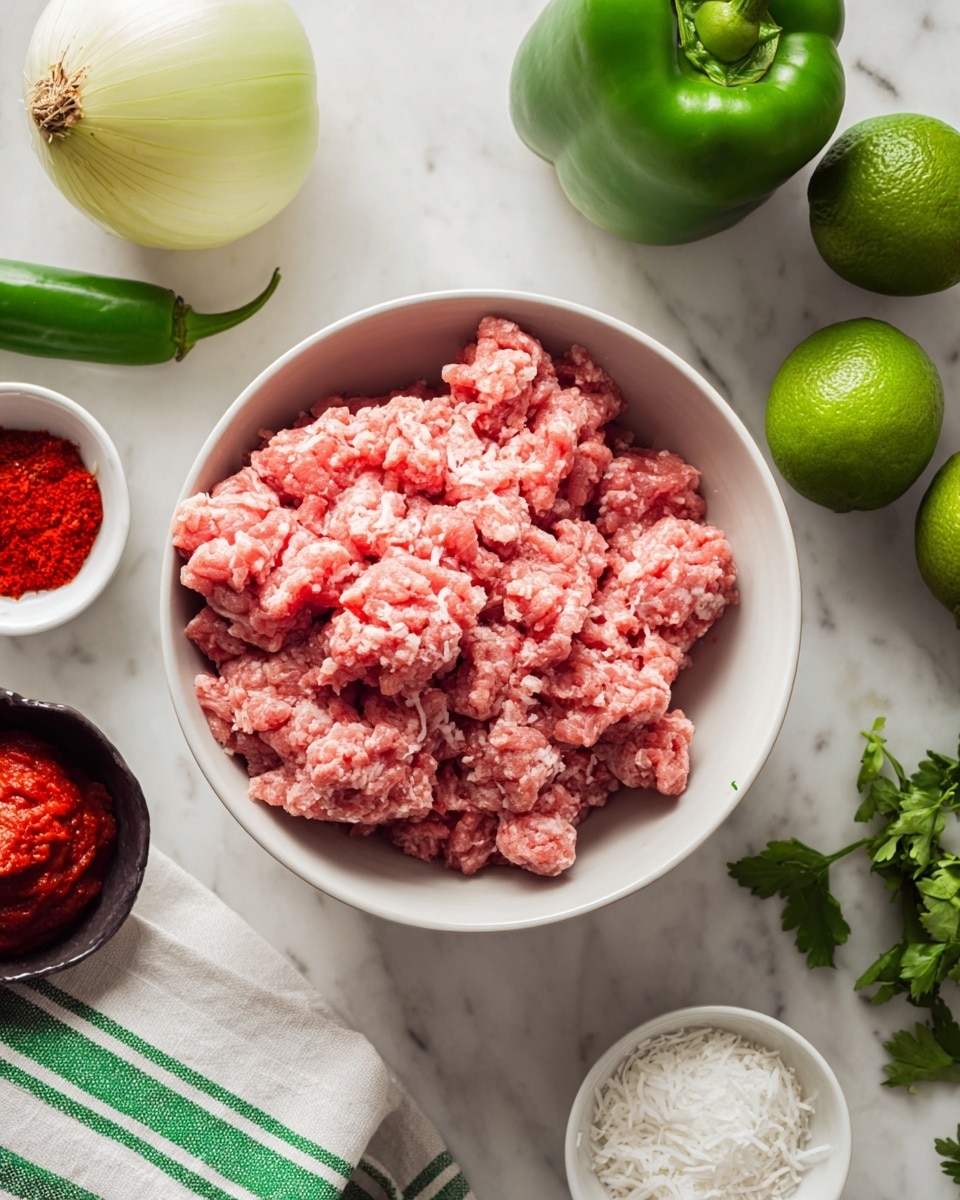 A white bowl filled with a large mound of raw ground meat with a pinkish-red color and a soft, slightly chunky texture is centered on a white marbled surface. Around the bowl, there are fresh ingredients: two bright green limes to the top right, a green bell pepper to the left, a peeled white onion in the top left corner, a small brown bowl with vibrant red sauce positioned above the meat, a small green bowl filled with white shredded coconut below the meat, a bunch of fresh green basil leaves and cilantro on the bottom right, and a white bowl filled with clear liquid at the far right. A white cloth with green stripes lies near the bottom left corner. Photo taken with an iphone --ar 4:5 --v 7