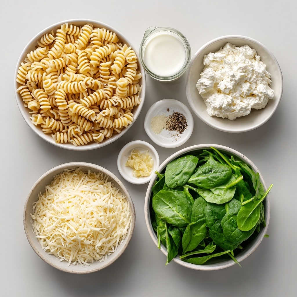 A white bowl holds a single layer of creamy pasta made with spiral rotini noodles. The pasta is coated in a smooth white sauce and mixed with spinach pieces that add small green patches throughout. On top of the pasta, a sprinkle of finely grated white cheese covers the center, along with small red chili flakes scattered around, and fresh green parsley leaves are spread on top for color. The bowl sits on a white marbled surface. Photo taken with an iphone --ar 4:5 --v 7