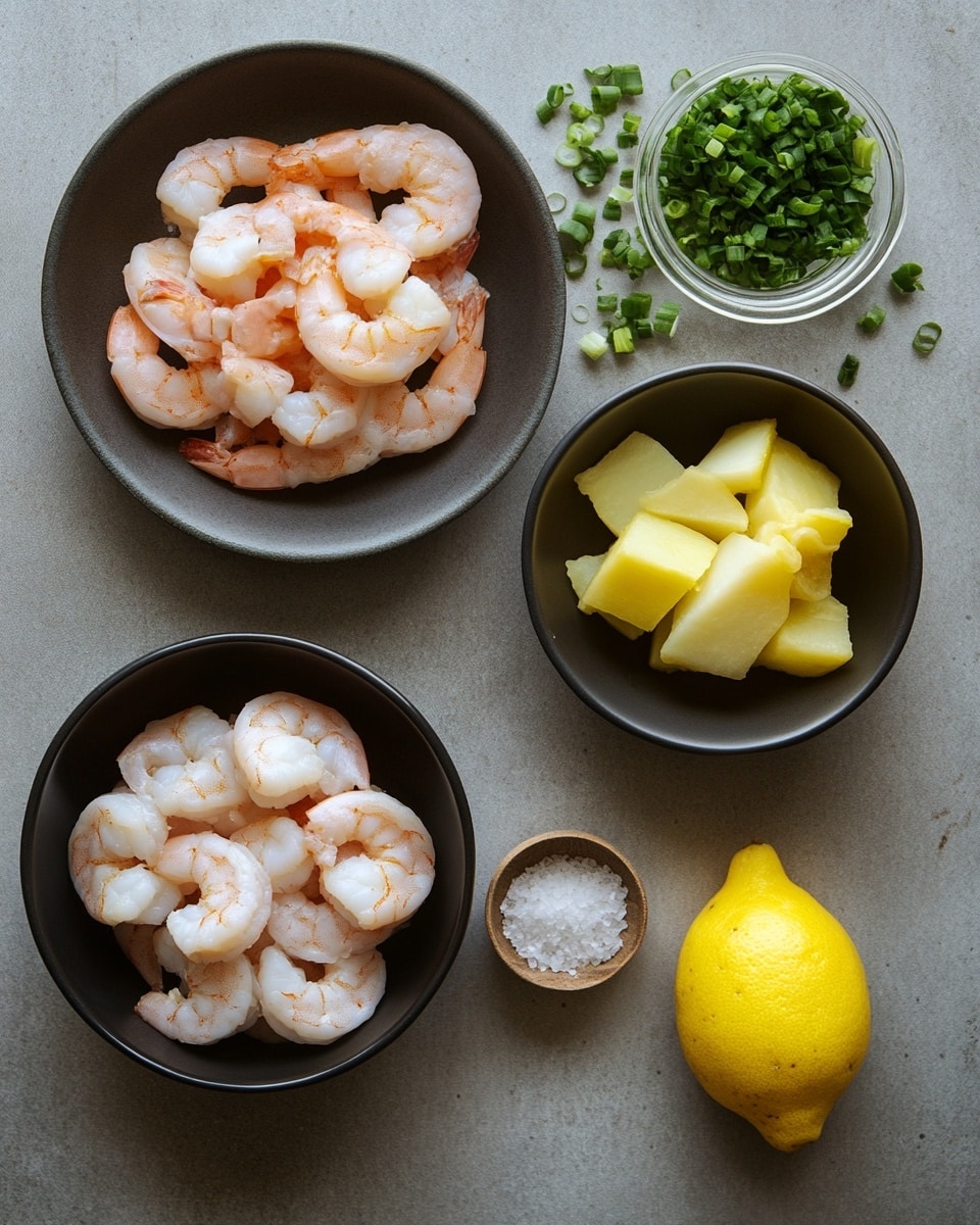 In a white oval dish, there is a mix of cooked shrimp and diced yellow potatoes. The shrimp are pink with orange tones and are spread on the top layer, while the yellow potatoes form the bottom layer underneath. Small bits of green herbs and sliced green peppers are scattered over the shrimp to add color and texture. A silver spoon rests inside the dish on the right side, partially submerged in the food. The dish is placed on a white marbled surface with a green and white striped cloth nearby. In the background, there is a dark bottle of olive oil and two small white bowls filled with peppercorns, all softly blurred. Photo taken with an iphone --ar 4:5 --v 7