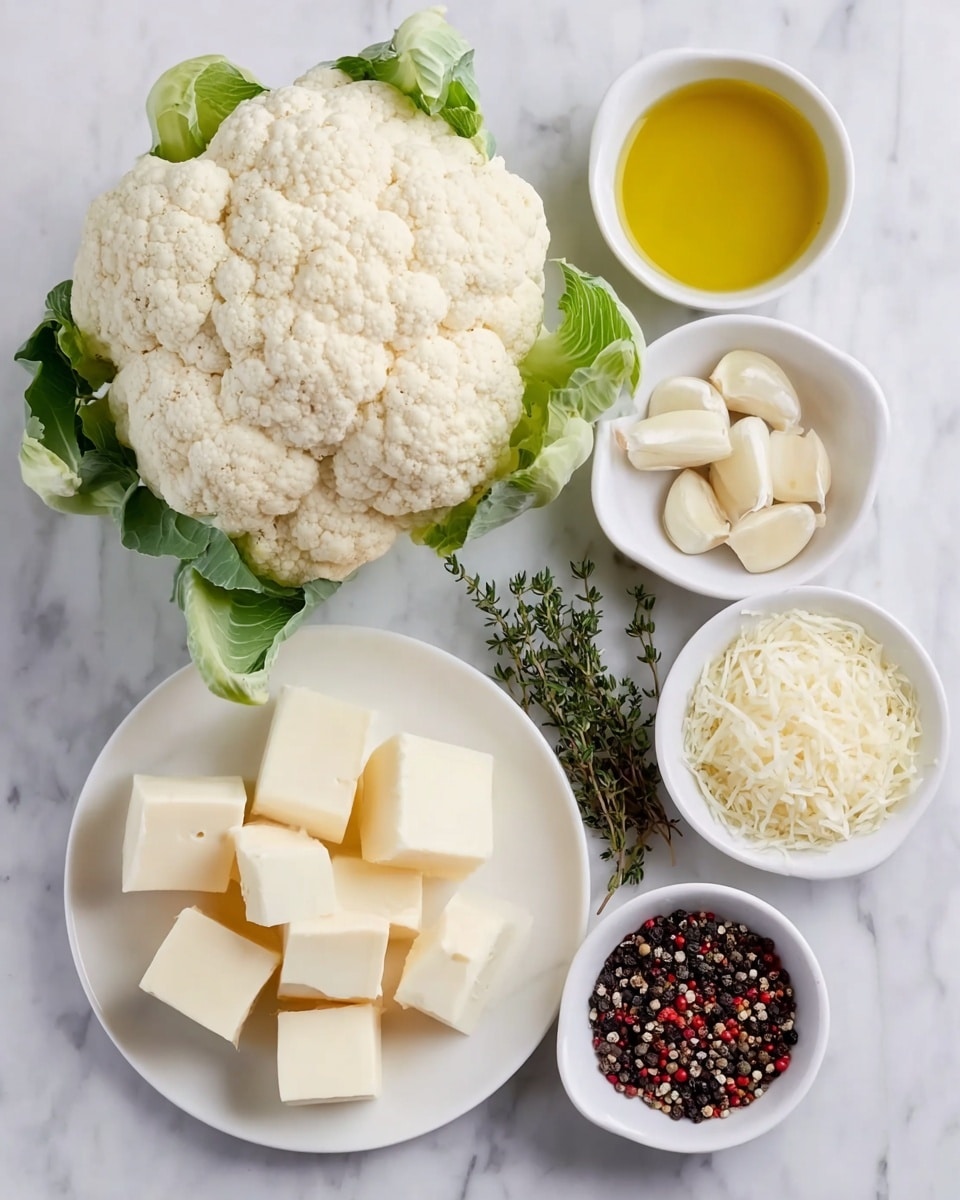 A large whole cauliflower with green leaves sits on a white marbled surface, surrounded by small white bowls and a white plate. One bowl contains golden yellow liquid, another has several peeled garlic cloves. There is a small bowl of shredded white cheese and another bowl filled with mixed black, white, and red peppercorns. Fresh green thyme sprigs lie next to the bowls, and a white plate holds large cubes of pale yellow butter. All items are arranged neatly with soft natural light highlighting their textures and colors. Photo taken with an iphone --ar 4:5 --v 7