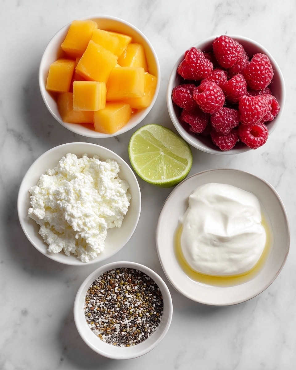 The image shows five small white bowls arranged on a white marbled surface. The top left bowl is full of cubed cantaloupe pieces in a bright orange color with a smooth texture. To the right of it, there is a bowl filled with red raspberries, each showing detailed bumpy textures. Below the cantaloupe bowl, another bowl is filled with creamy white cottage cheese, showing a slightly lumpy surface. Next to the cottage cheese, a smaller bowl contains a mixture of black and white chia seeds with a speckled texture. At the center right, a small white plate holds a lime slice with a light green, juicy interior, a dollop of thick white yogurt, and a small drizzle of honey with a glossy amber tone. Photo taken with an iphone --ar 4:5 --v 7