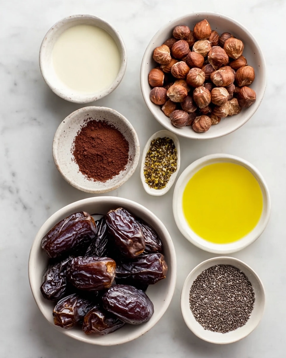 The image shows six white bowls placed on a white marbled surface. The largest bowl at the bottom left is filled with shiny, dark brown dates, tightly packed. Above it, a bowl holds a pile of roasted hazelnuts, brown with some lighter patches. To the right of the hazelnuts is a small bowl filled with tiny black chia seeds. Below the chia seeds, another small bowl contains white salt crystals. At the top right is a bowl with golden yellow oil, clear and smooth. At the top left, a bowl contains a creamy white liquid. All bowls are arranged close to each other in a neat group. photo taken with an iphone --ar 4:5 --v 7