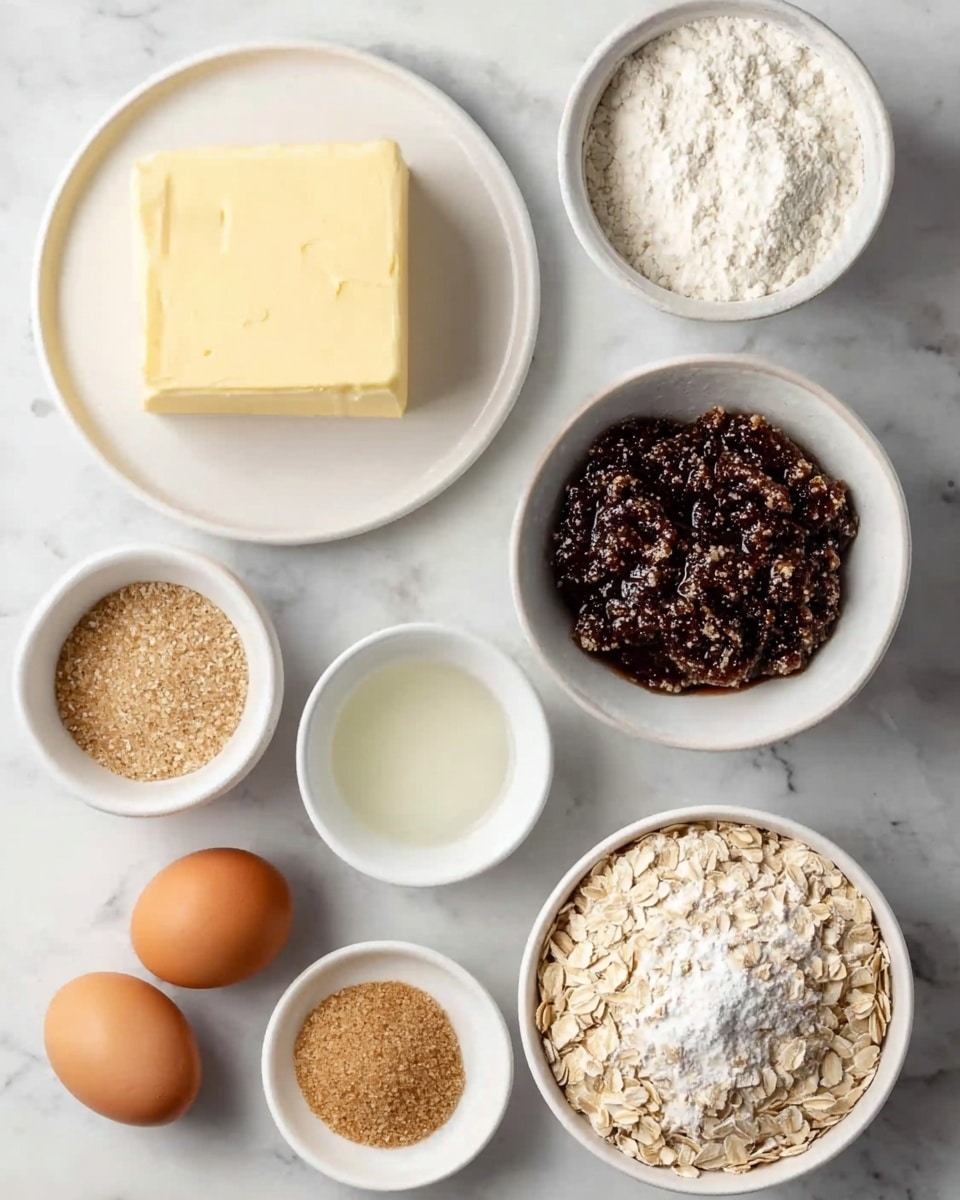 The image shows seven white dishes and three brown eggs laid out on a white marbled surface. On the top left, there is a white plate with a rectangular block of light yellow butter. To the right of it, a white bowl holds a thick dark brown mixture with visible seeds and a glossy texture. Below the butter is a small white bowl filled with clear liquid, and next to it is another small white bowl filled with light brown granules. In the center, a white bowl contains white granulated powder, likely sugar. On the right side, a large white bowl is filled with white flour. At the bottom right, another large white bowl holds pale yellow rolled oats with a slightly rough texture. Three brown eggs are arranged in a cluster at the bottom left corner. The items are neatly placed, showcasing clear color contrasts and textures. photo taken with an iphone --ar 4:5 --v 7