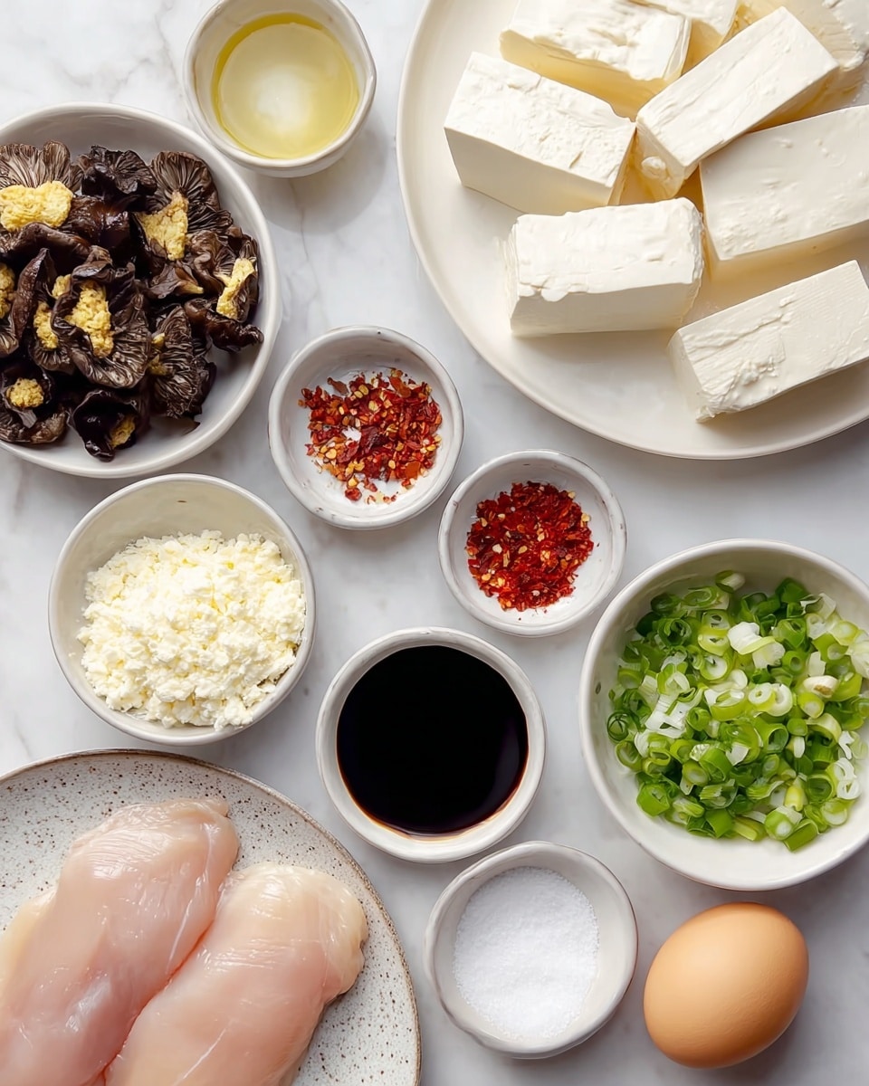 The image shows several white bowls and plates arranged on a white marbled surface, each holding different ingredients. In the bottom left, two smooth, pale pink raw chicken pieces rest on a white speckled plate. Above them, a bowl contains long, dark brown dried mushrooms with a textured, wrinkled appearance. To the left, a bowl is filled with light green sliced scallions that have a crisp texture. Near the center, a small bowl holds thick, dark soy sauce. Two very small bowls feature crushed red chili flakes in a bright red shade. There is a bowl filled with finely grated pale yellow cheese, and another bowl next to it contains granulated white sugar. Finally, two raw brown eggs lie near the sugar bowl. The overall arrangement is neat and clean, with natural lighting and clear details. Photo taken with an iphone --ar 4:5 --v 7